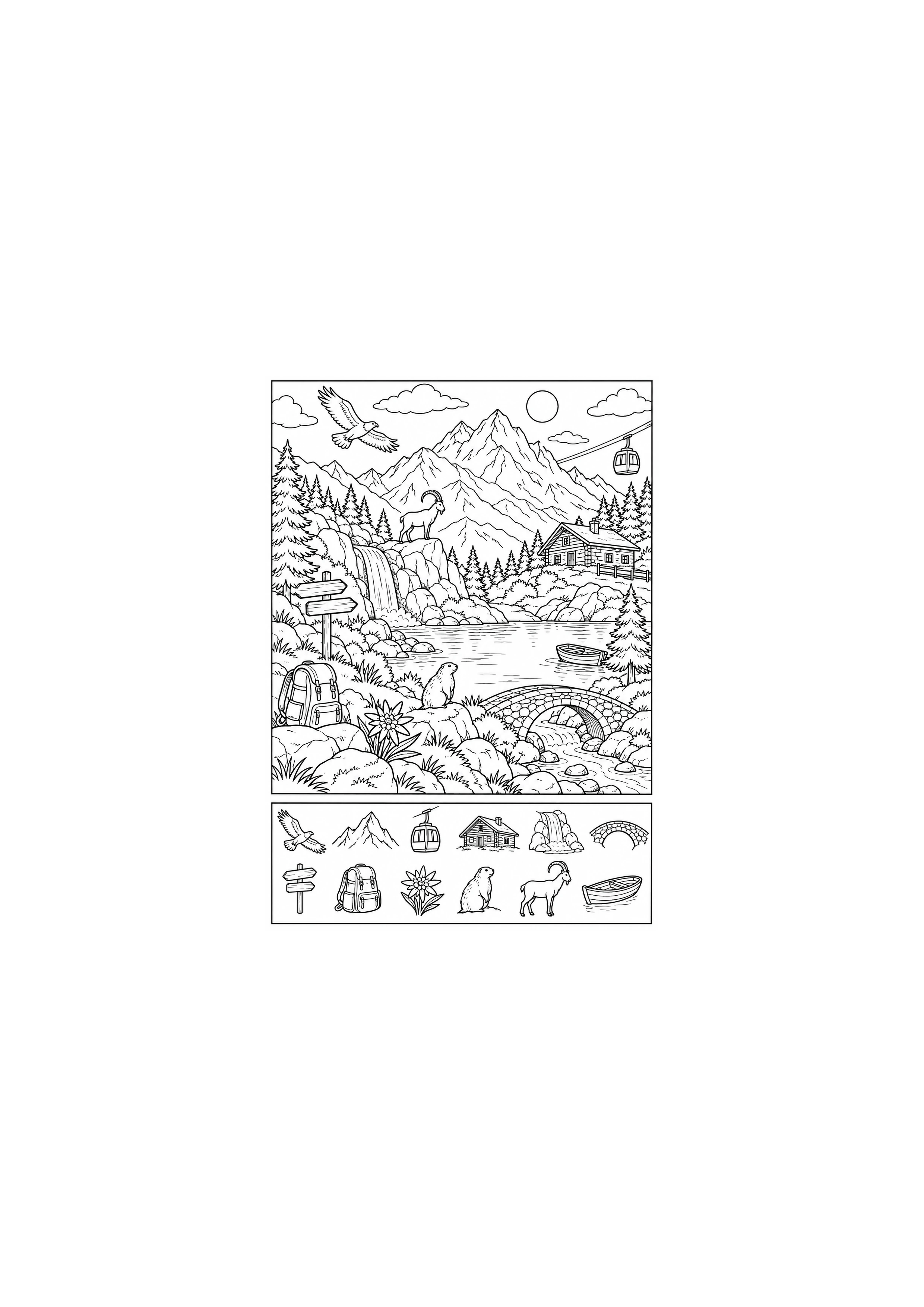 Coloriage montagne avec 12 éléments à imprimer