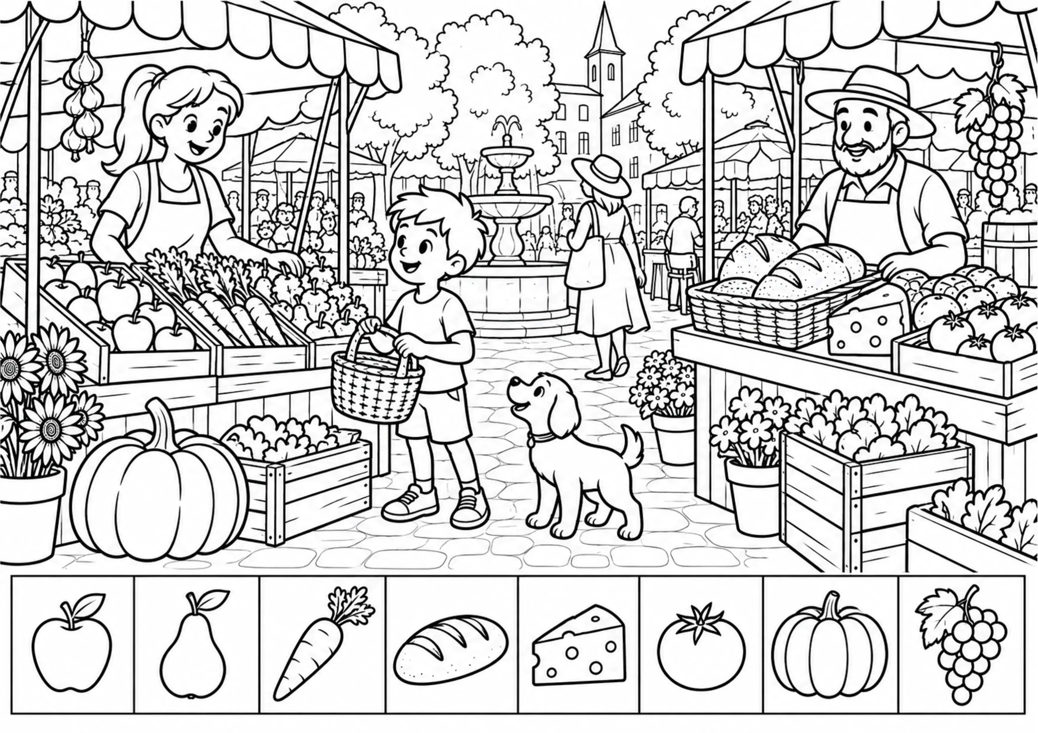 Coloriage marché avec 8 aliments à imprimer