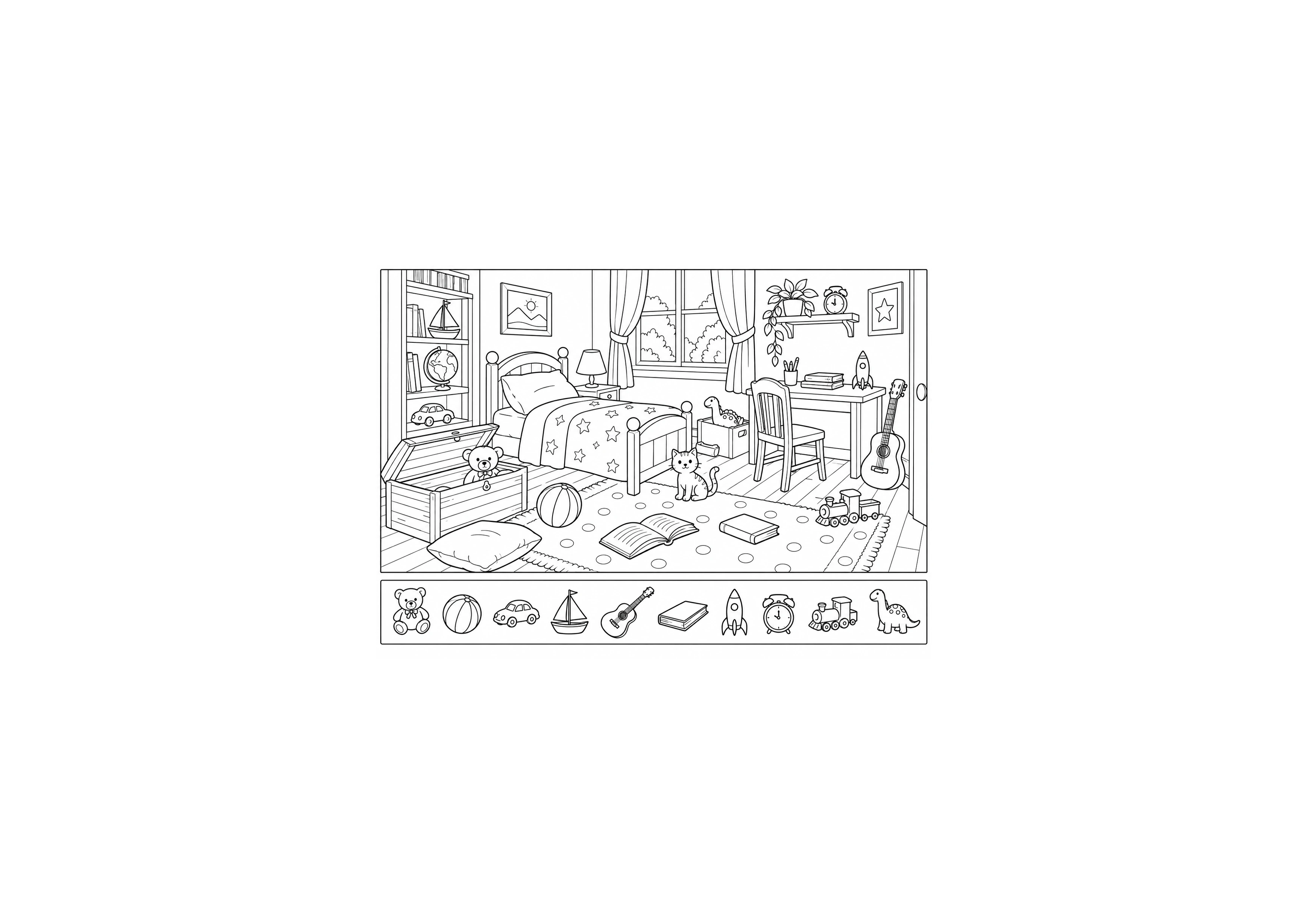 Coloriage chambre avec 10 jouets génériques à imprimer