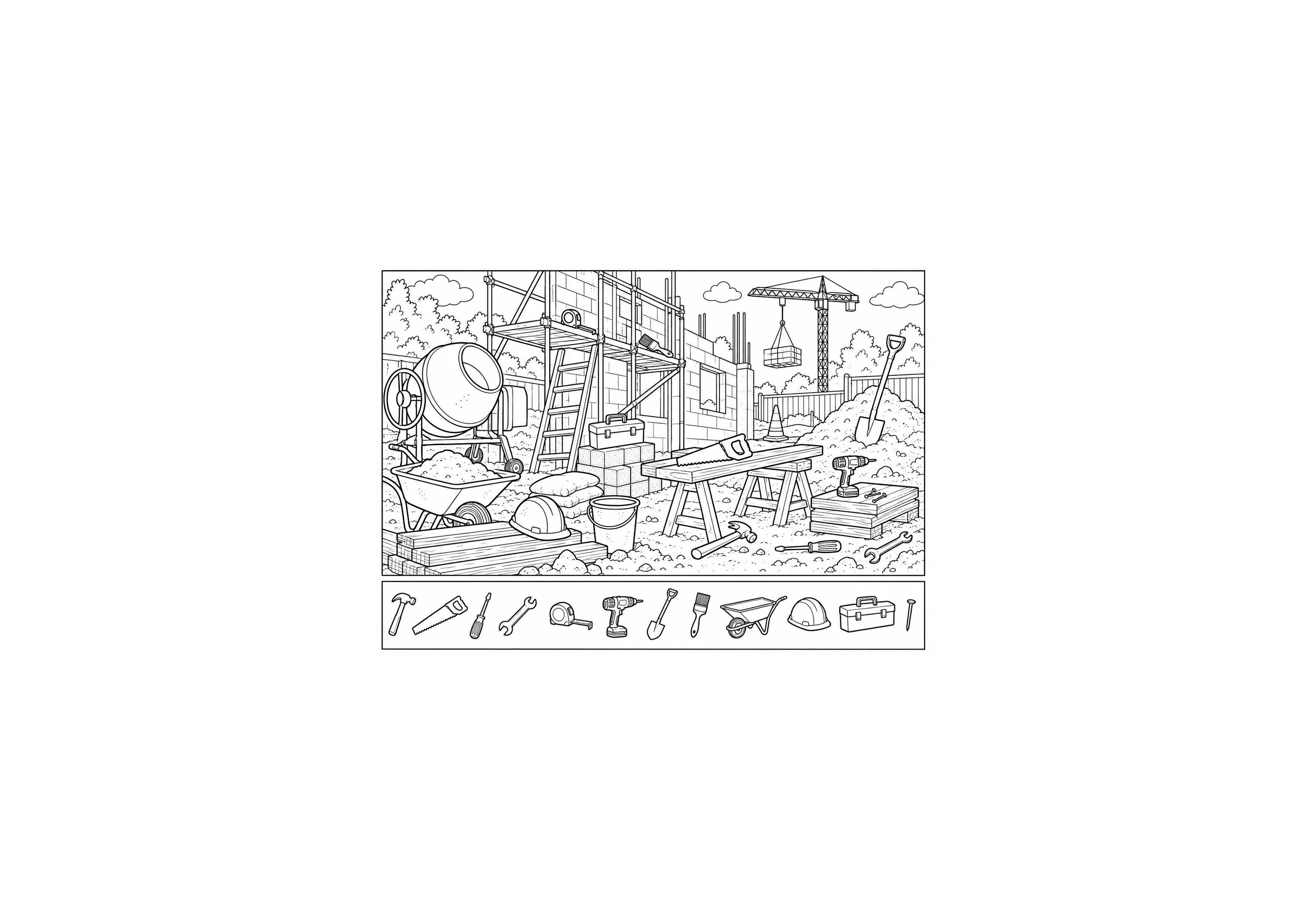 Coloriage chantier avec 12 outils à imprimer
