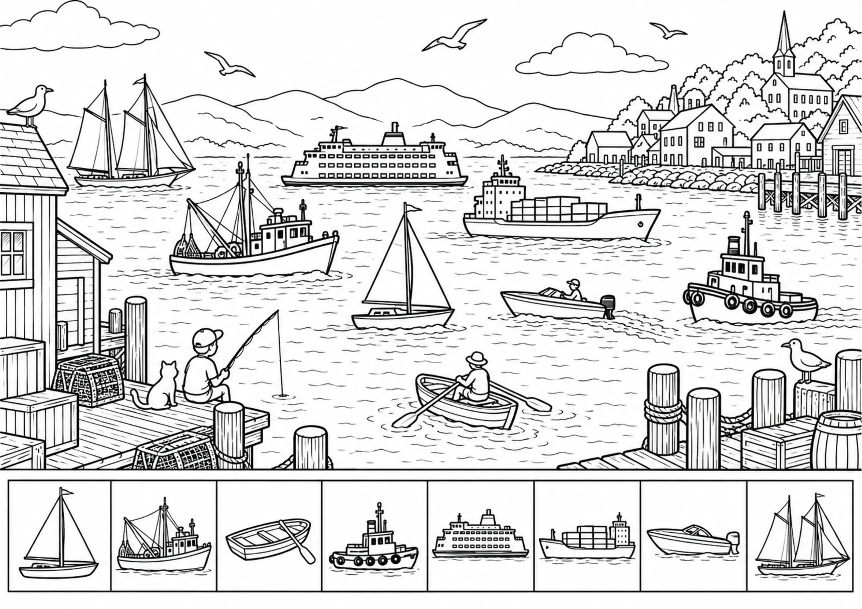 Coloriage port avec 8 bateaux à imprimer