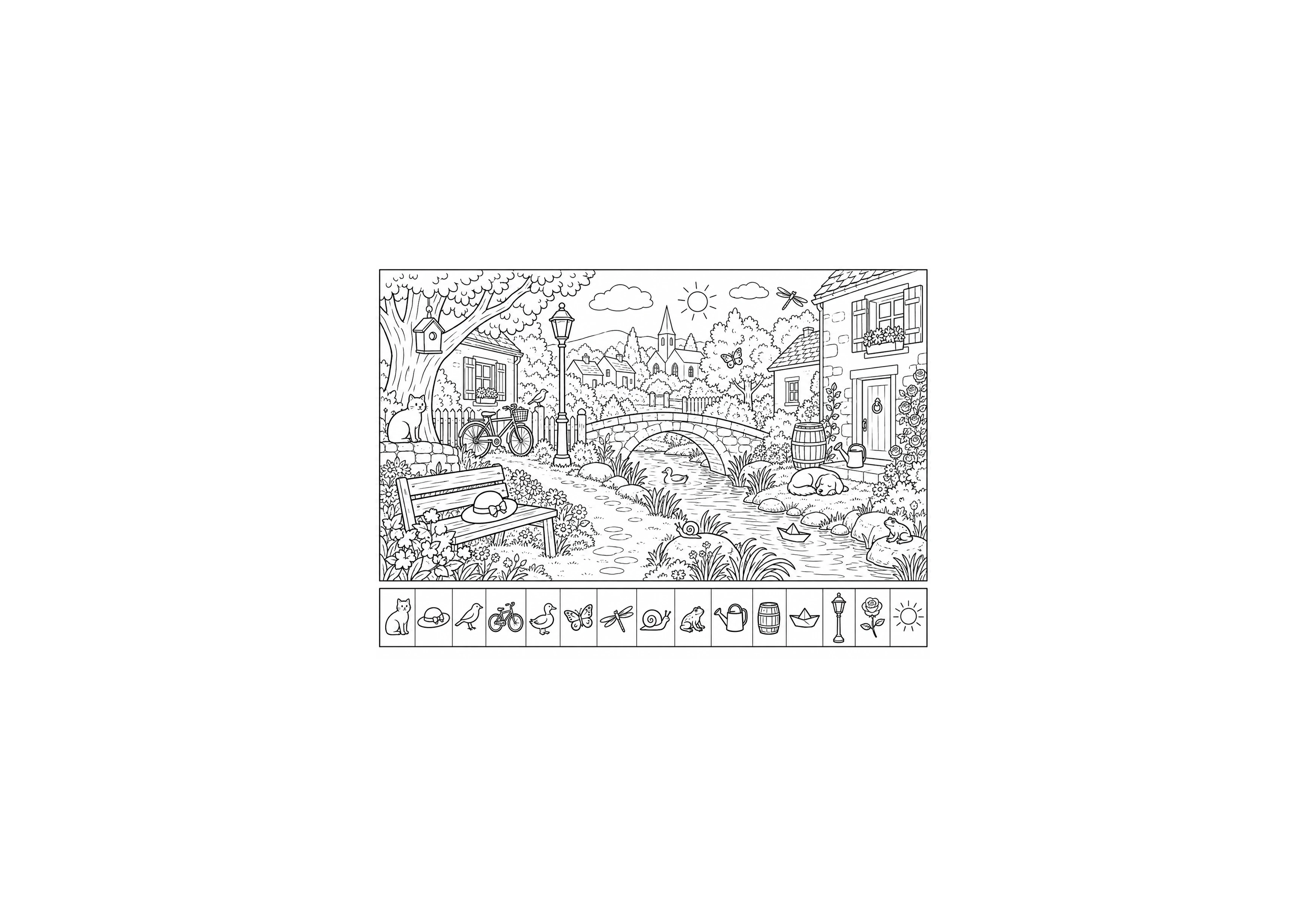 Coloriage village cosy avec 15 détails à imprimer