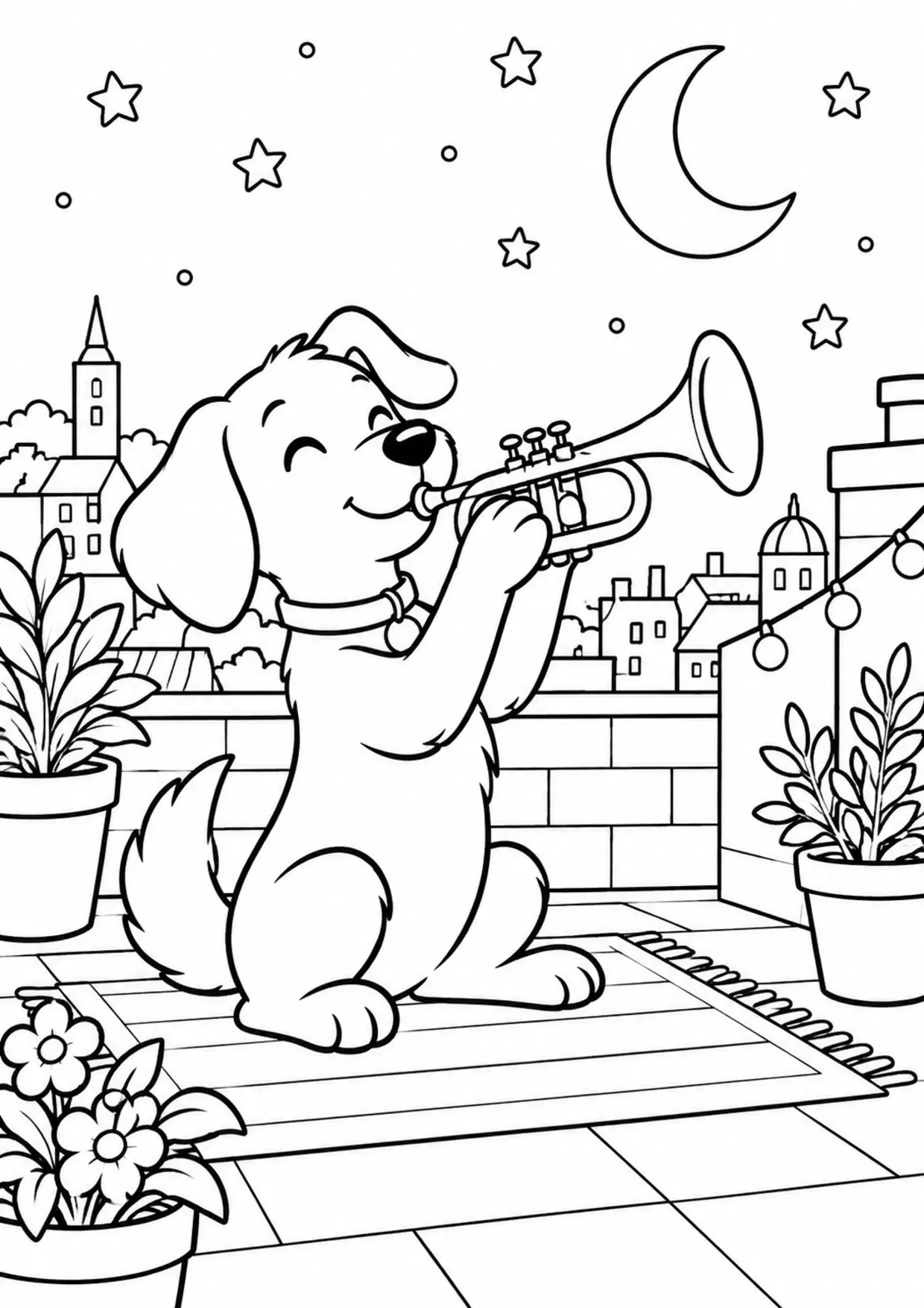 Coloriage trompette : chien toit à imprimer montrant chien toit, dessin noir et blanc