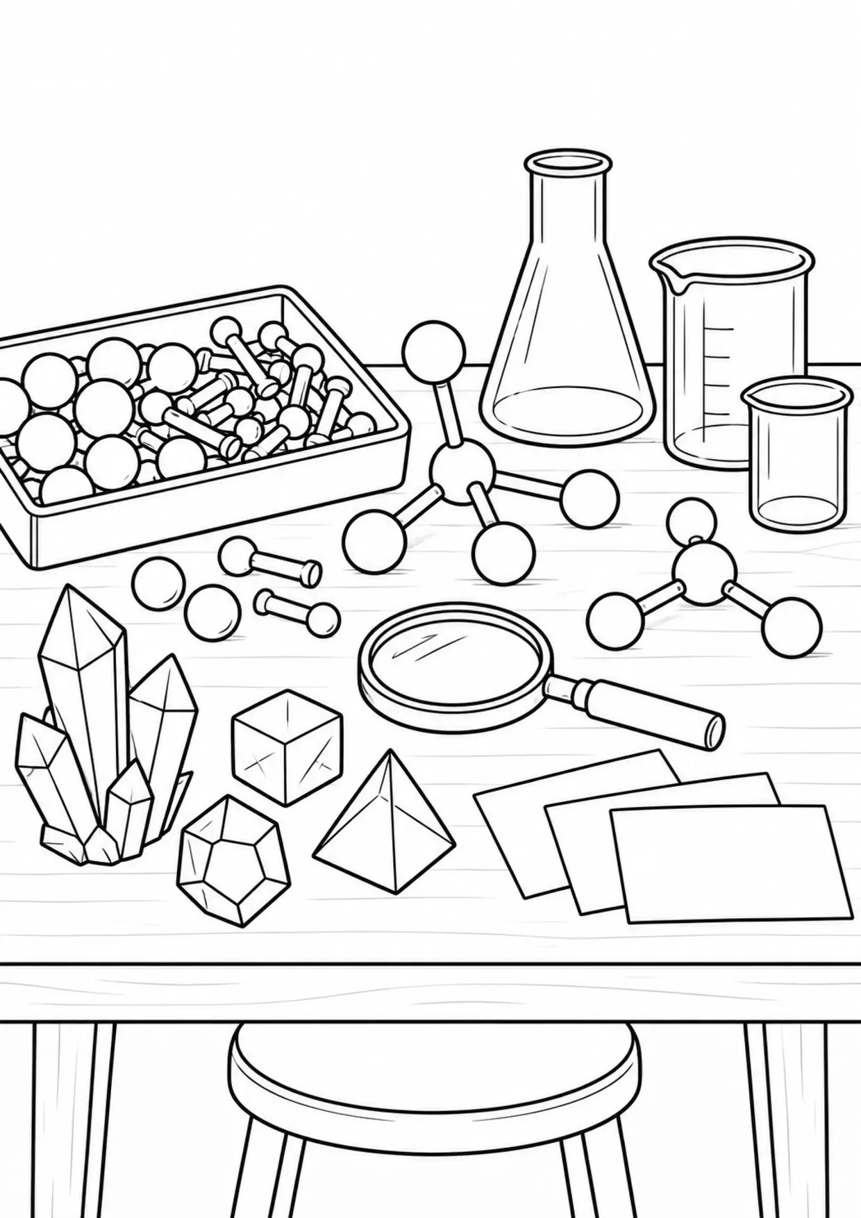 Coloriage chimie : cristaux et grains de sel observés à la loupe à imprimer