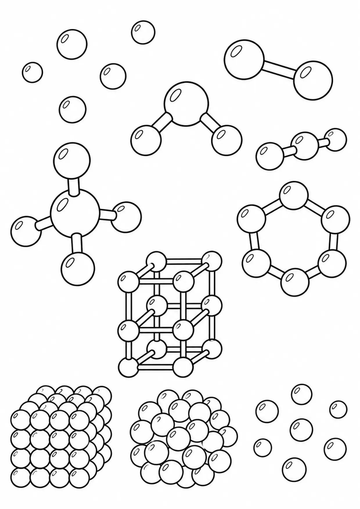 Coloriage chimie : atomes stylisés avec électrons en orbite à imprimer