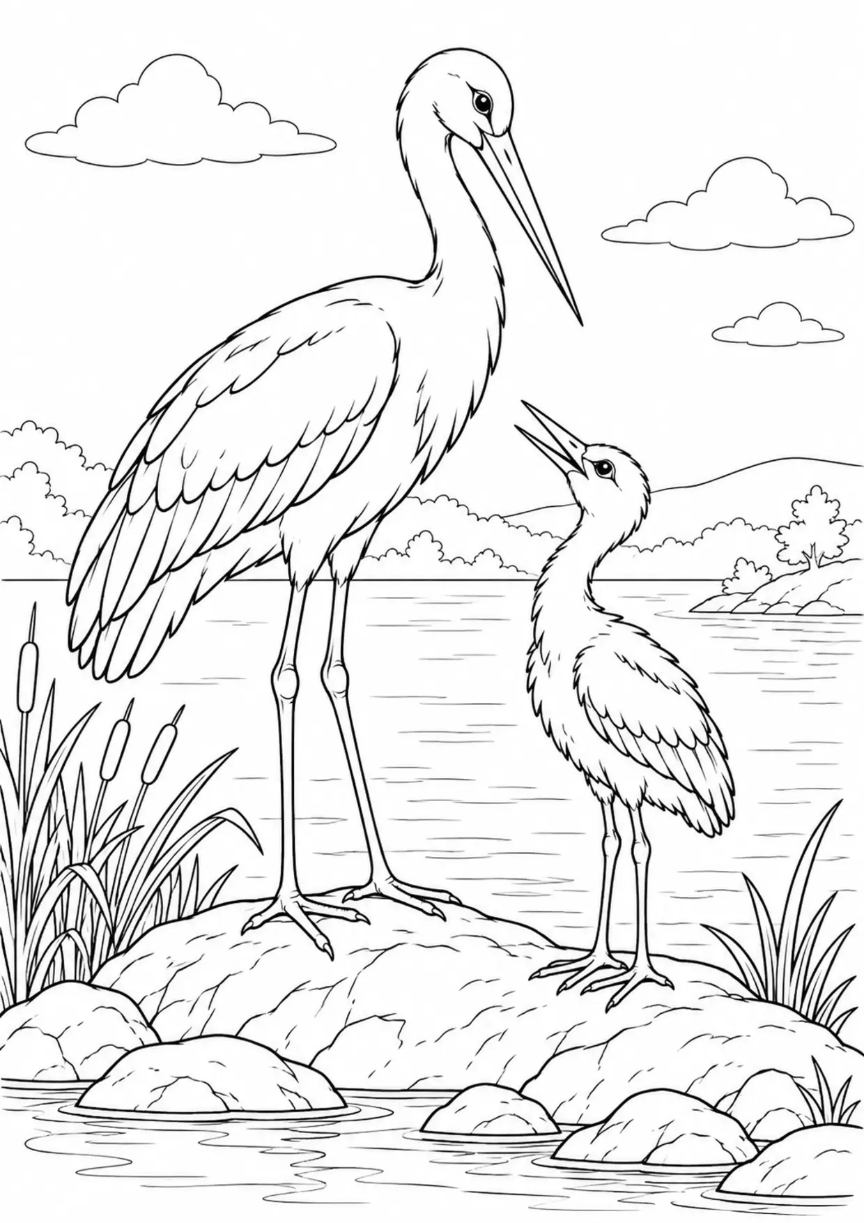 Coloriage cigogne : adulte et petit près d’un rocher à imprimer