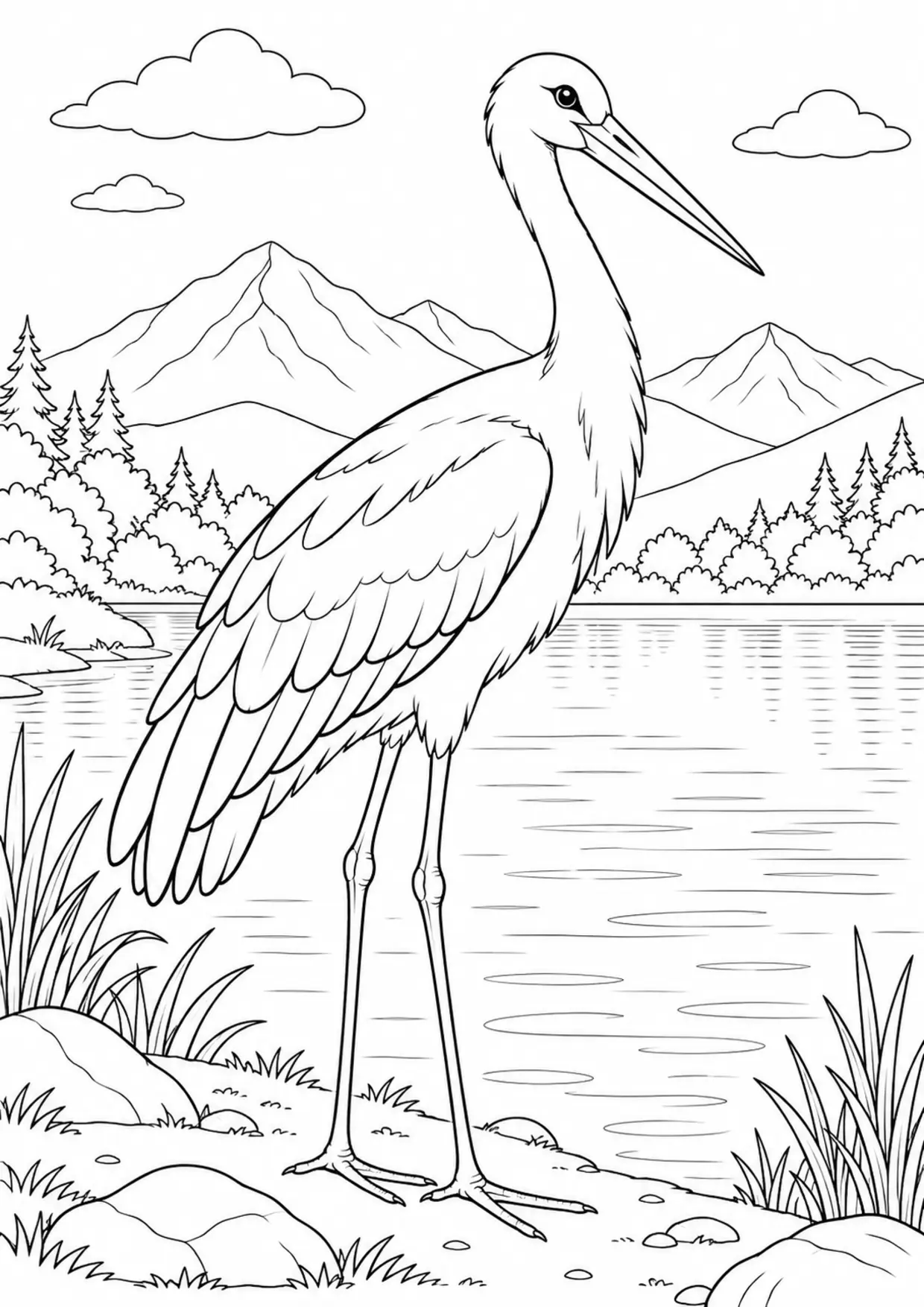 Coloriage cigogne : animal dans un décor de montagnes, contours noirs nets et zones fermées sur fond blanc
