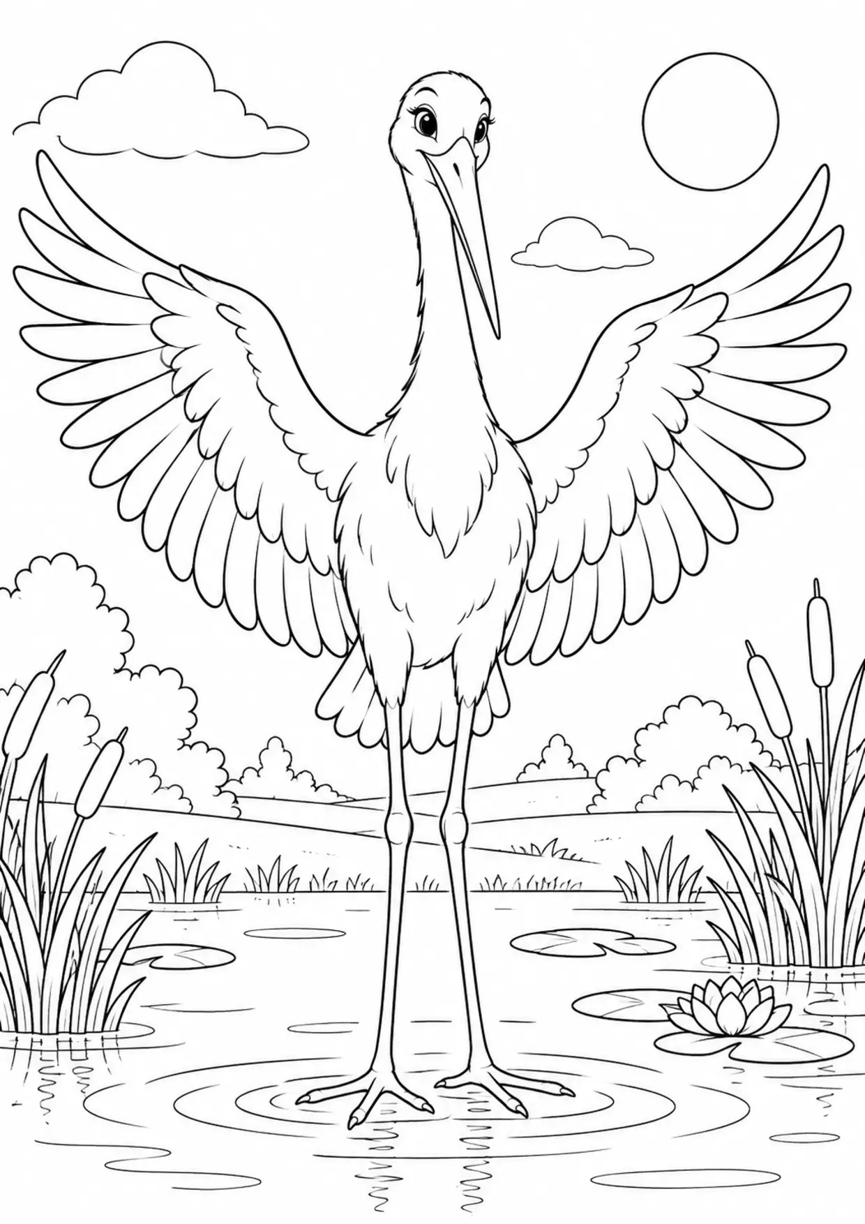 Coloriage cigogne : grand portrait de face aux contours simples à imprimer