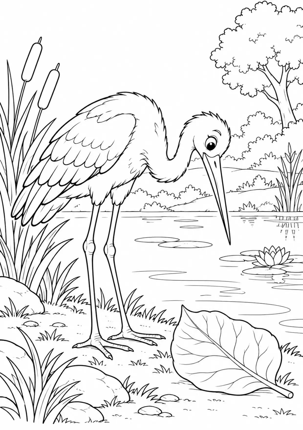 Coloriage cigogne : jeune animal curieux avec une grande feuille à imprimer