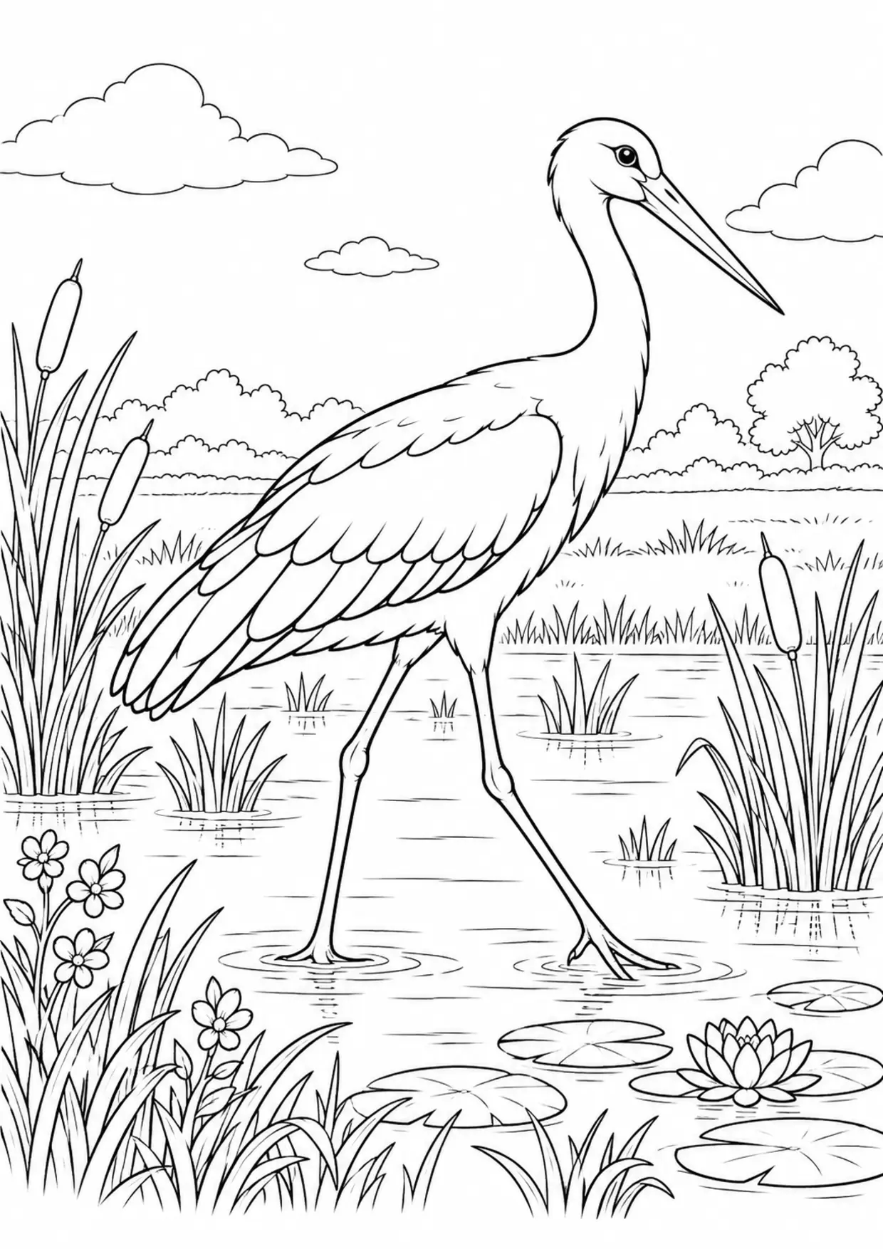 Coloriage cigogne : profil marchant dans son habitat à imprimer