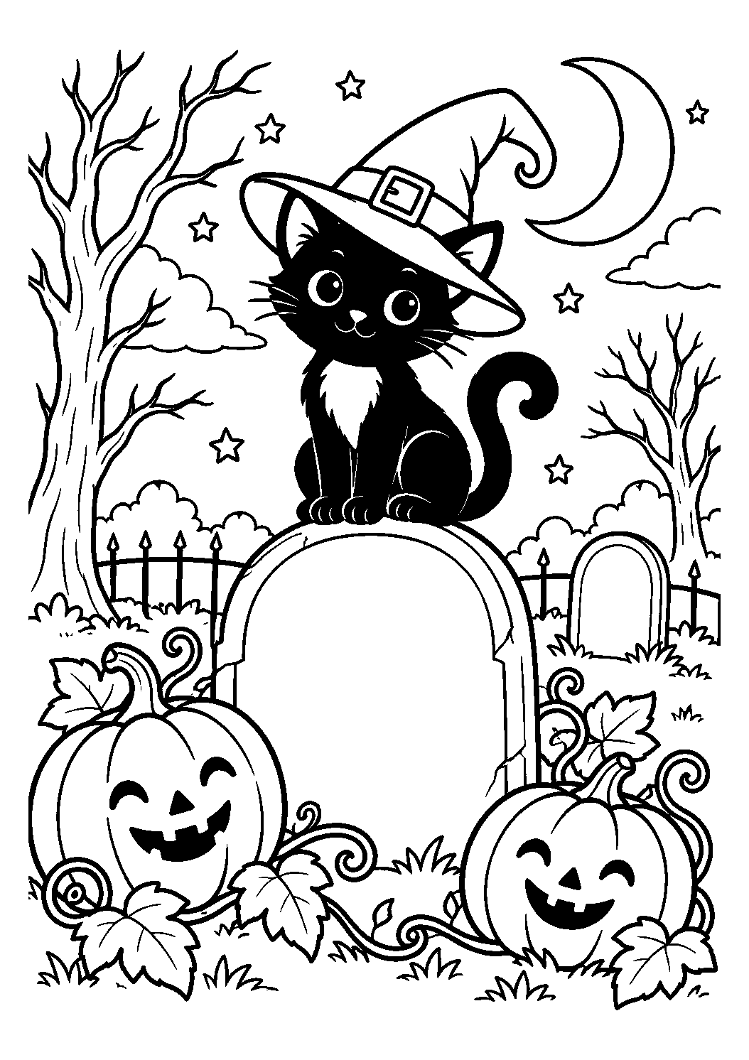 Chat sorcier sur une pierre du cimetière à imprimer et colorier