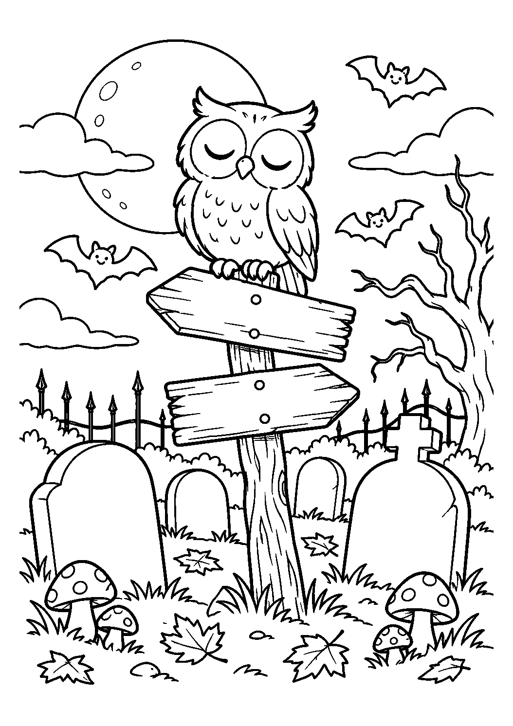 Hibou sur le panneau du cimetière à imprimer et colorier