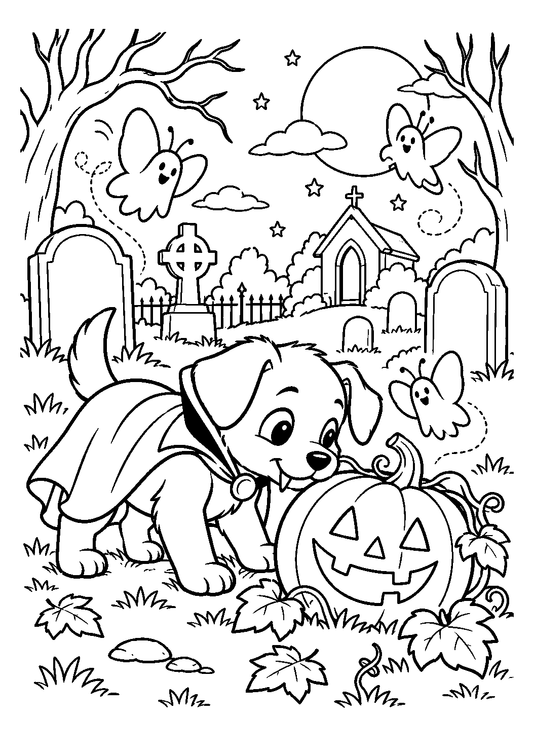 Petit chien vampire au cimetière à imprimer et colorier