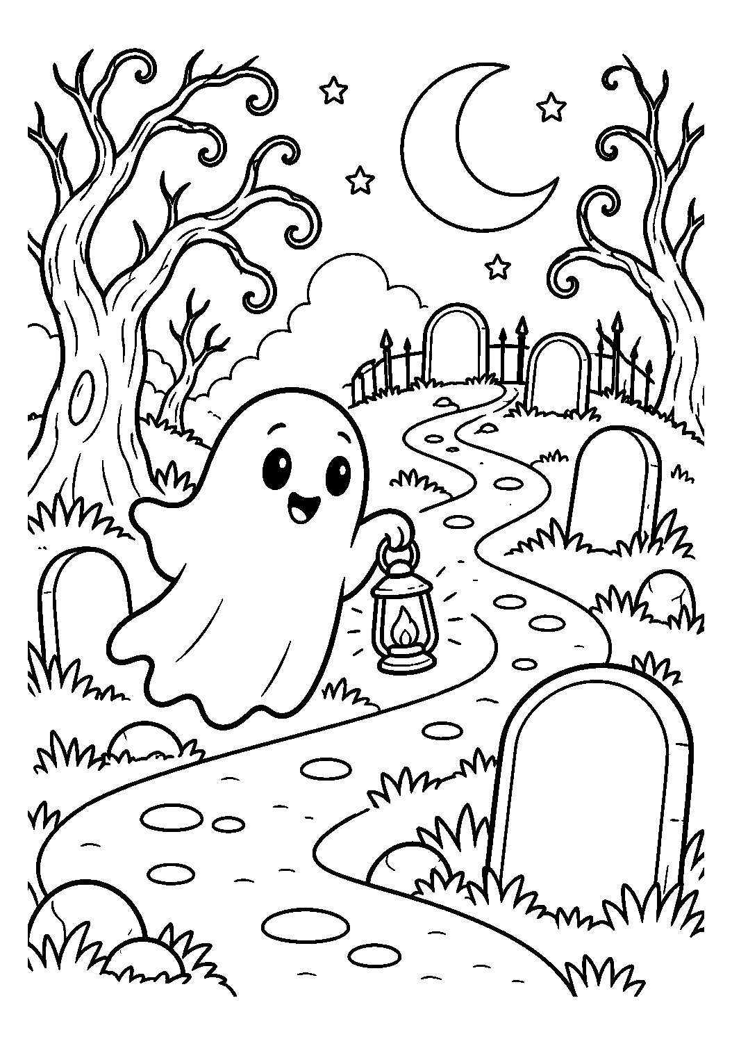 Chemin du cimetière sous la lune à imprimer et colorier