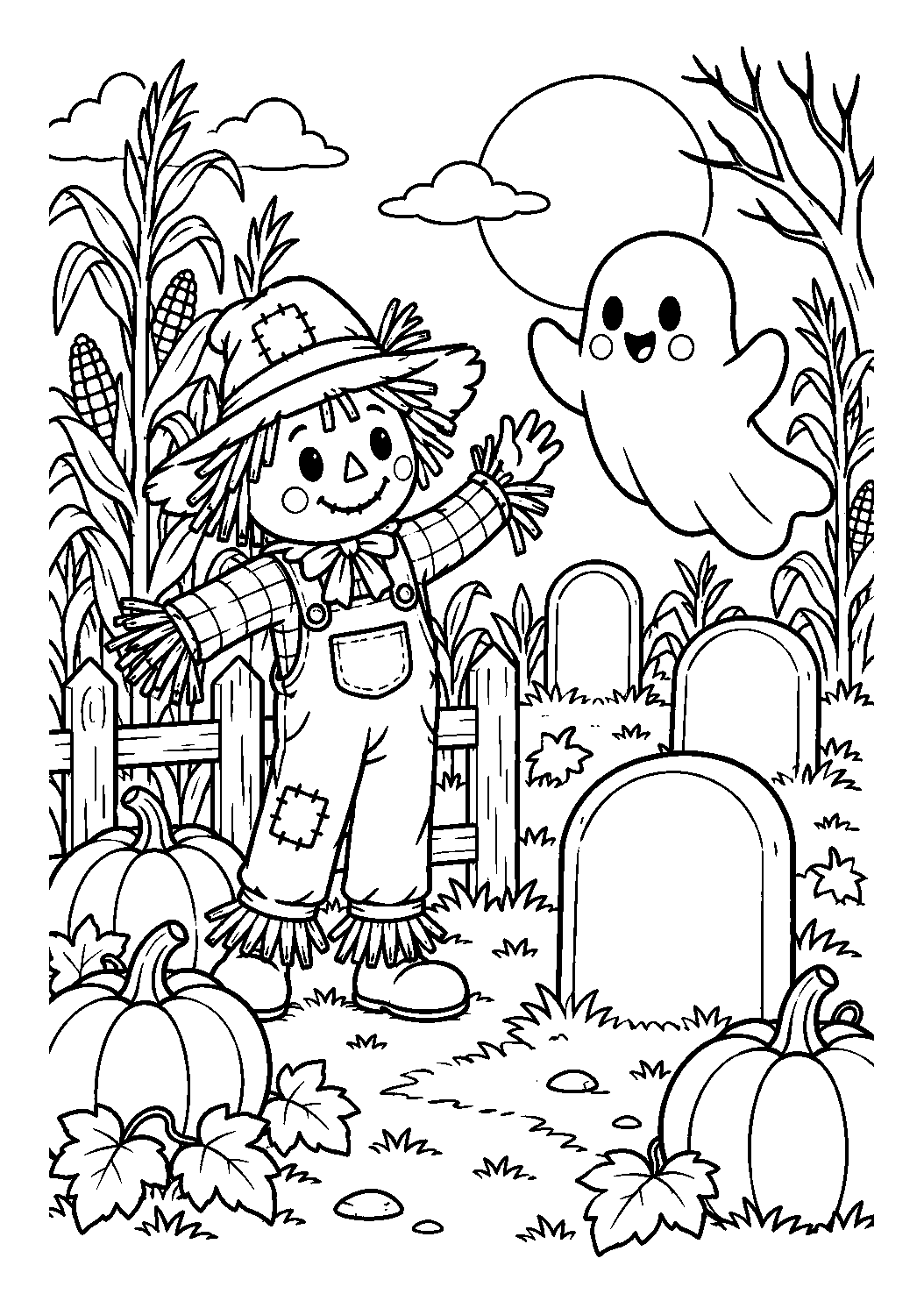 Épouvantail et fantôme du cimetière à imprimer et colorier