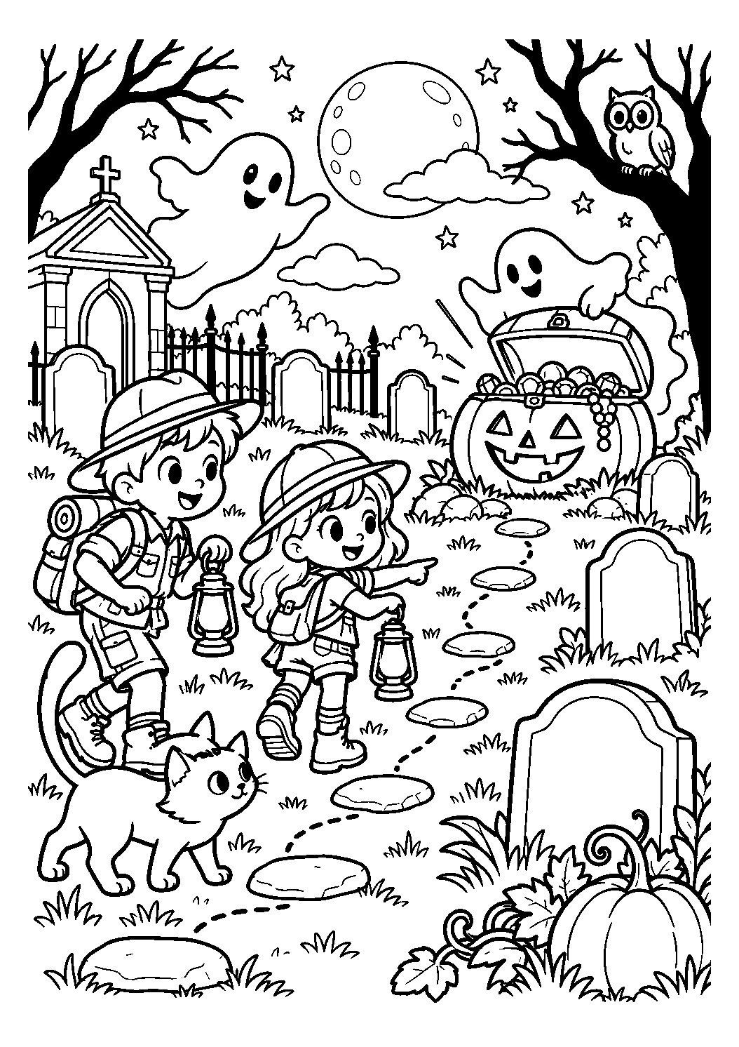 Chasse au trésor au cimetière à imprimer et colorier