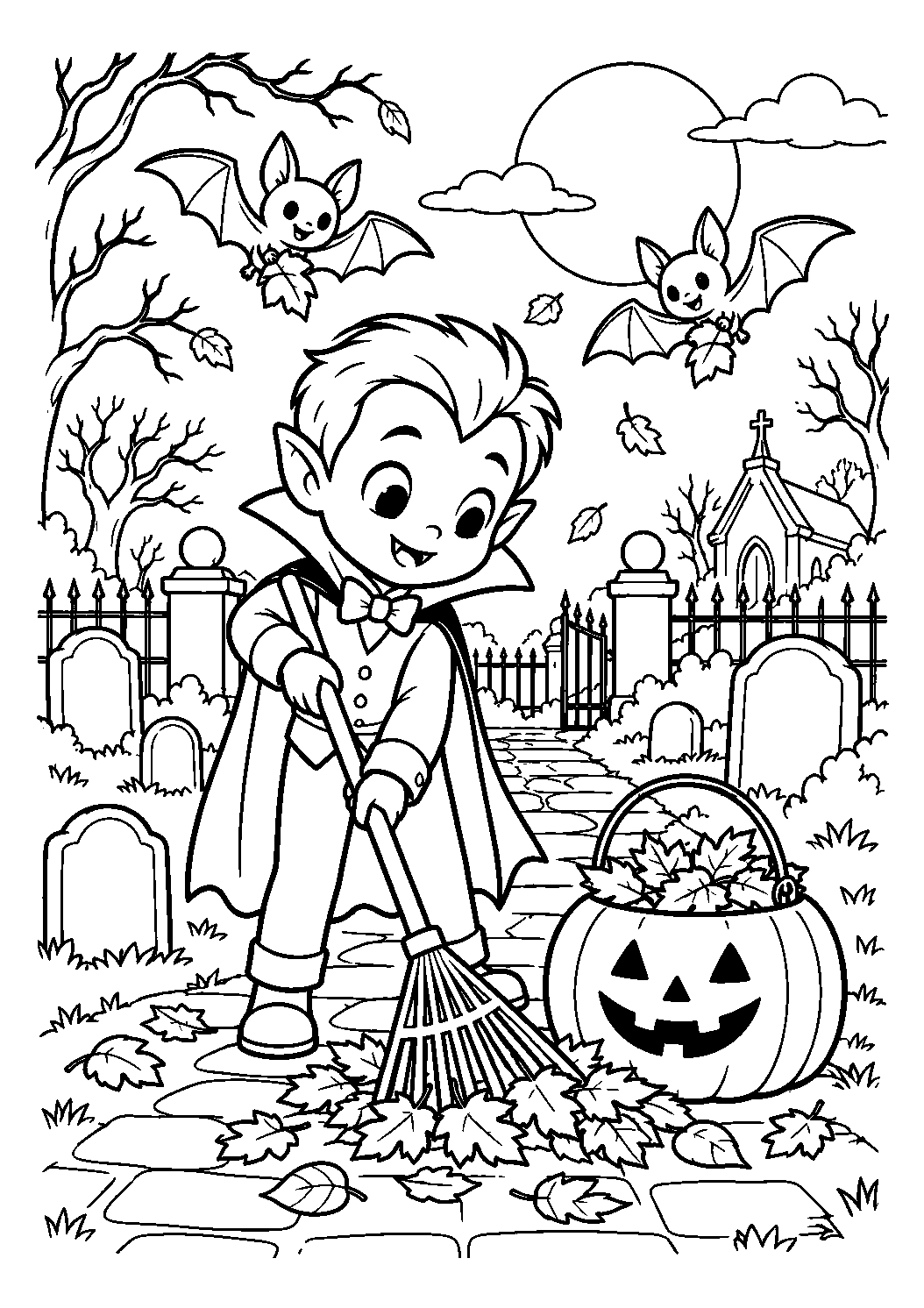 Petit vampire ramassant les feuilles à imprimer et colorier
