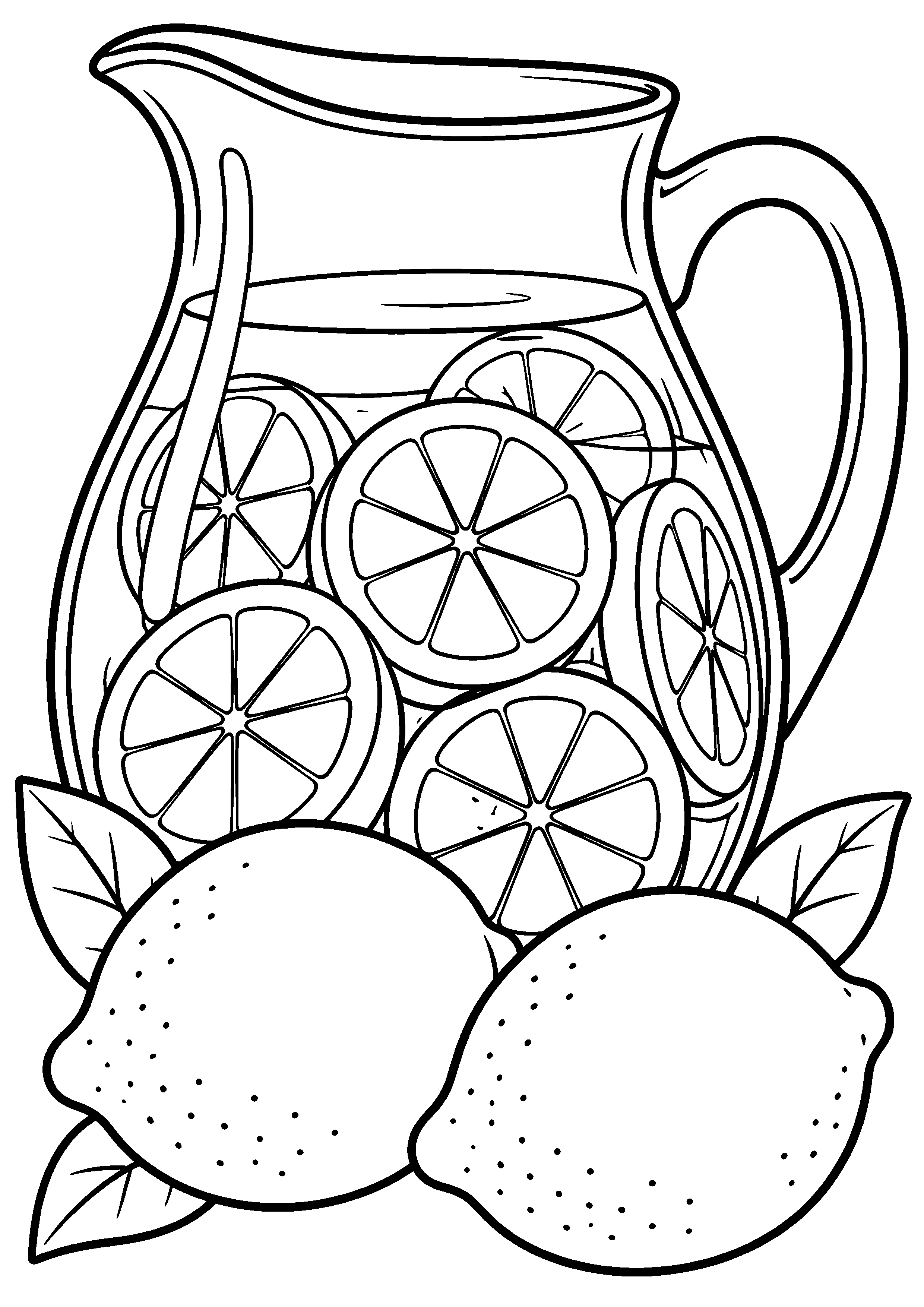 Grand coloriage d’un citron avec une carafe de citronnade, contours noirs nets sur fond blanc