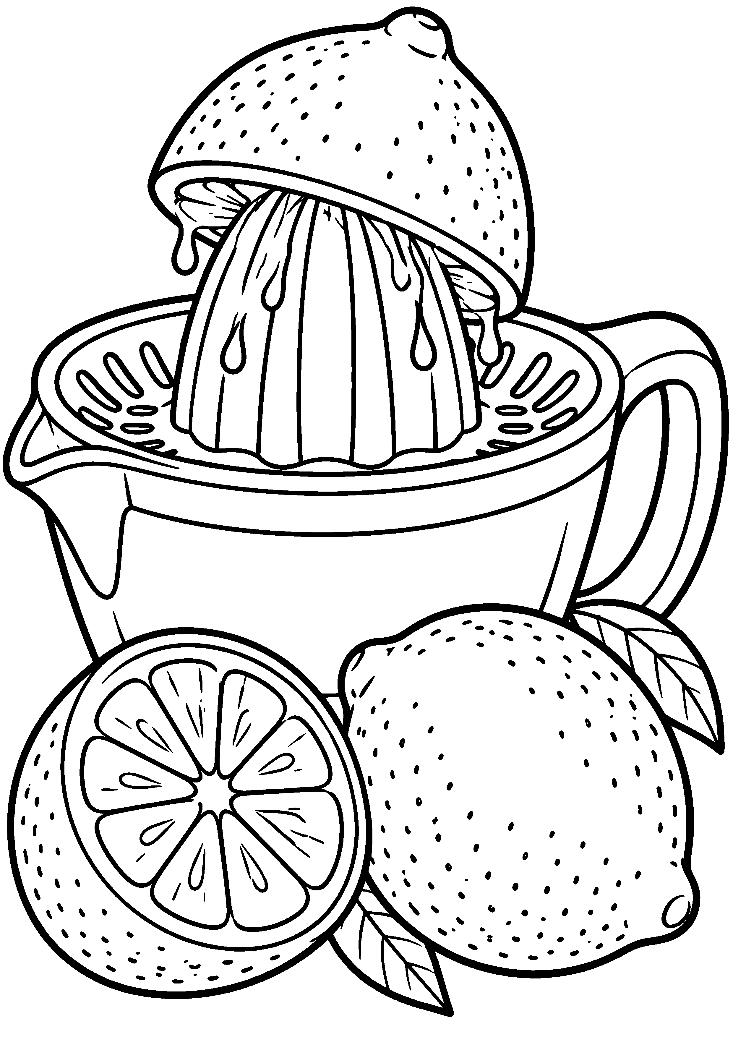 Grand coloriage d’un citron autour d’un presse-agrumes manuel, contours noirs nets sur fond blanc