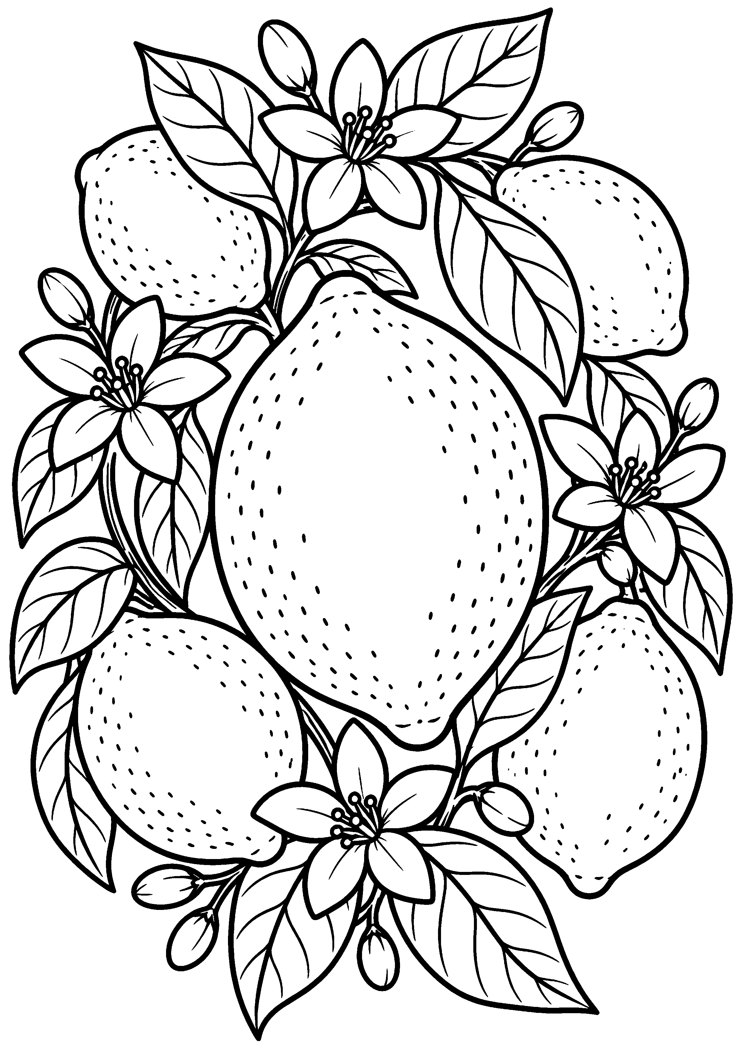 Grand coloriage d’un citron dans une grande couronne botanique, contours noirs nets sur fond blanc