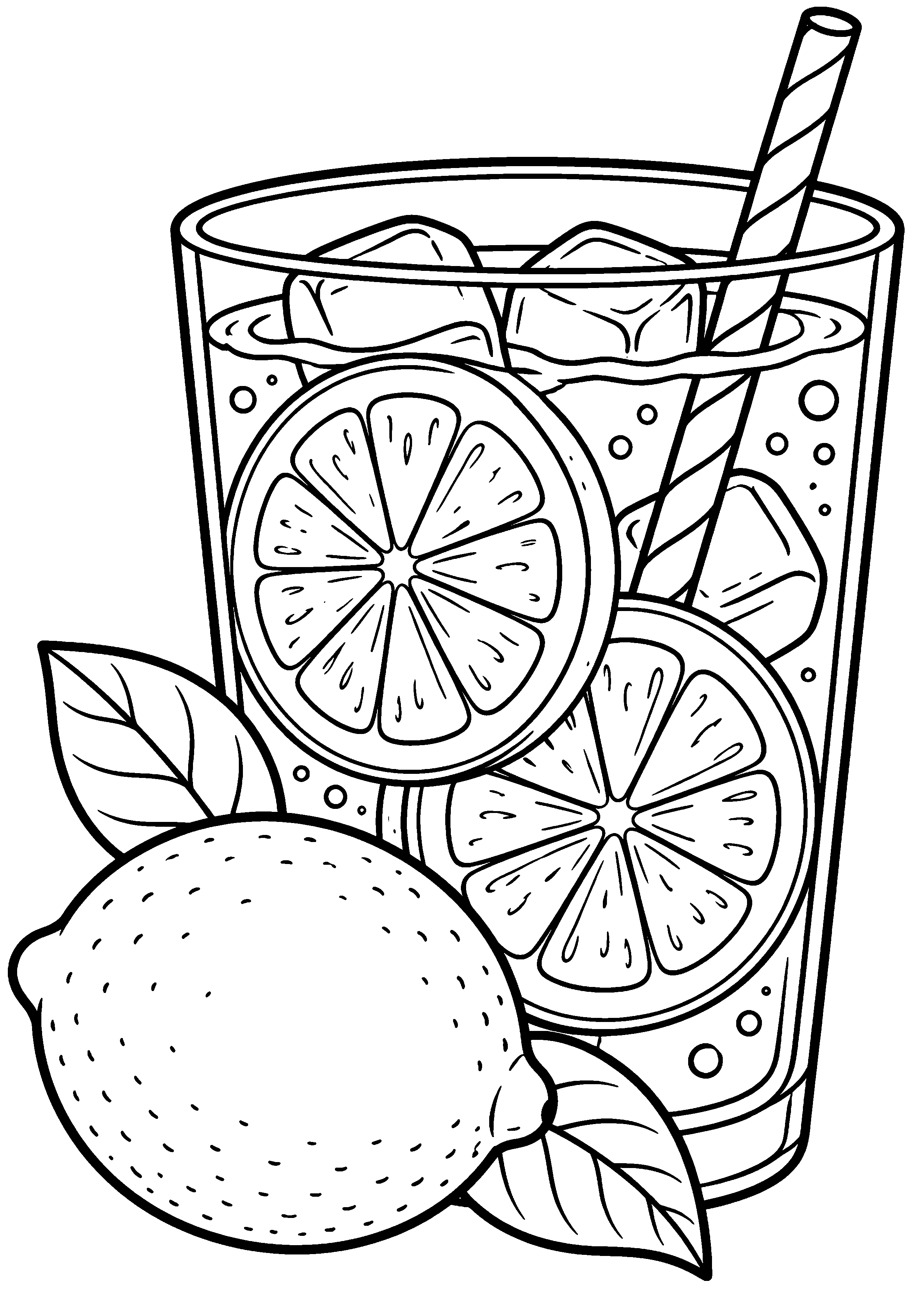 Grand coloriage d’un citron avec un grand verre de citronnade, contours noirs nets sur fond blanc