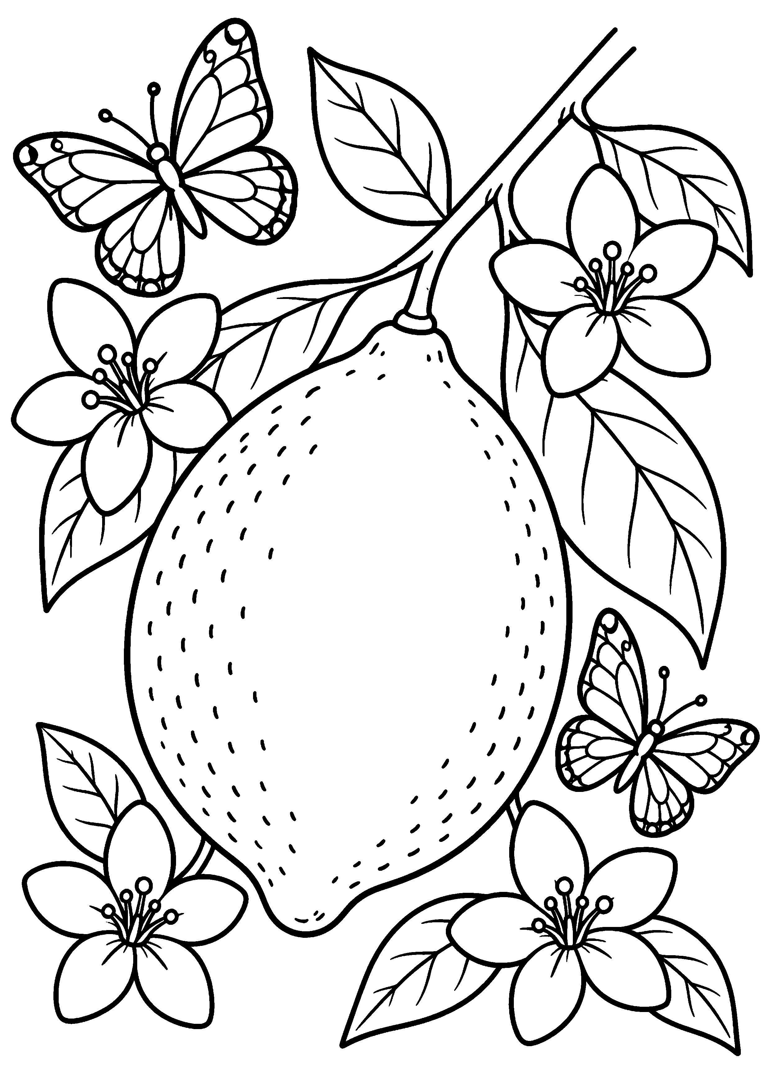 Grand coloriage d’un citron entouré de fleurs et de papillons, contours noirs nets sur fond blanc