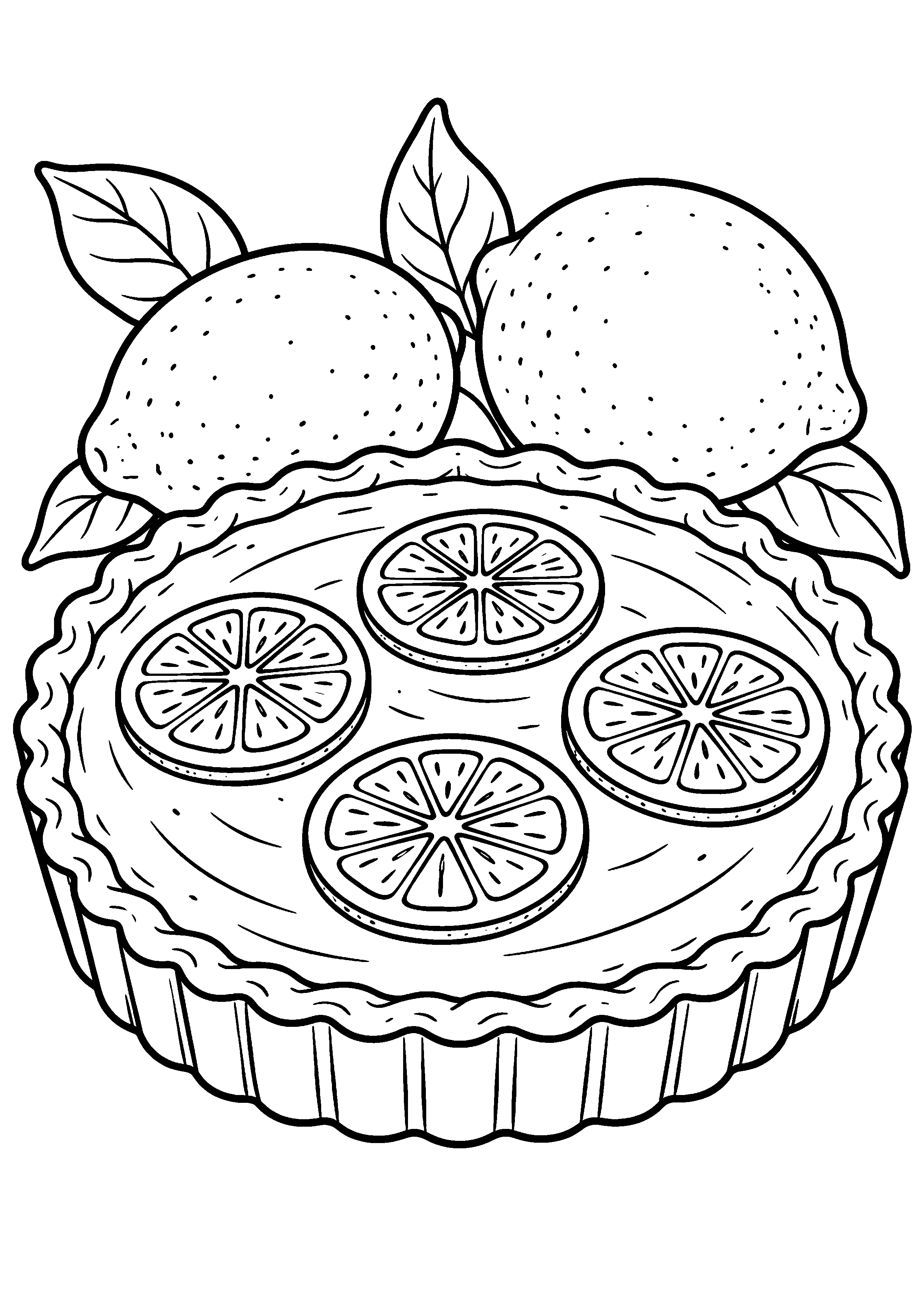 Grand coloriage d’un citron sur une grande tarte décorée de rondelles, contours noirs nets sur fond blanc