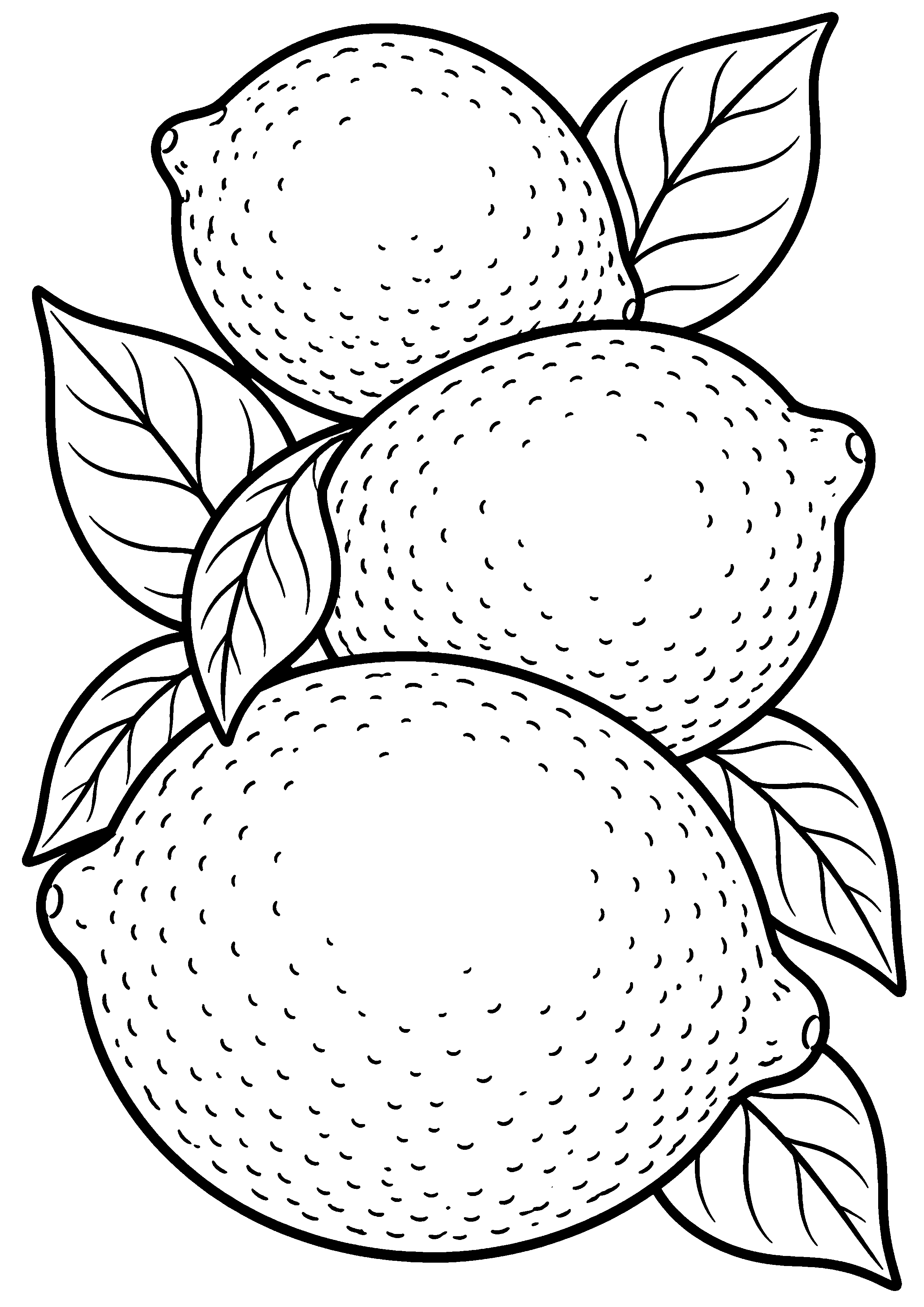 Grand coloriage d’un citron dans une pile de trois fruits feuillus, contours noirs nets sur fond blanc