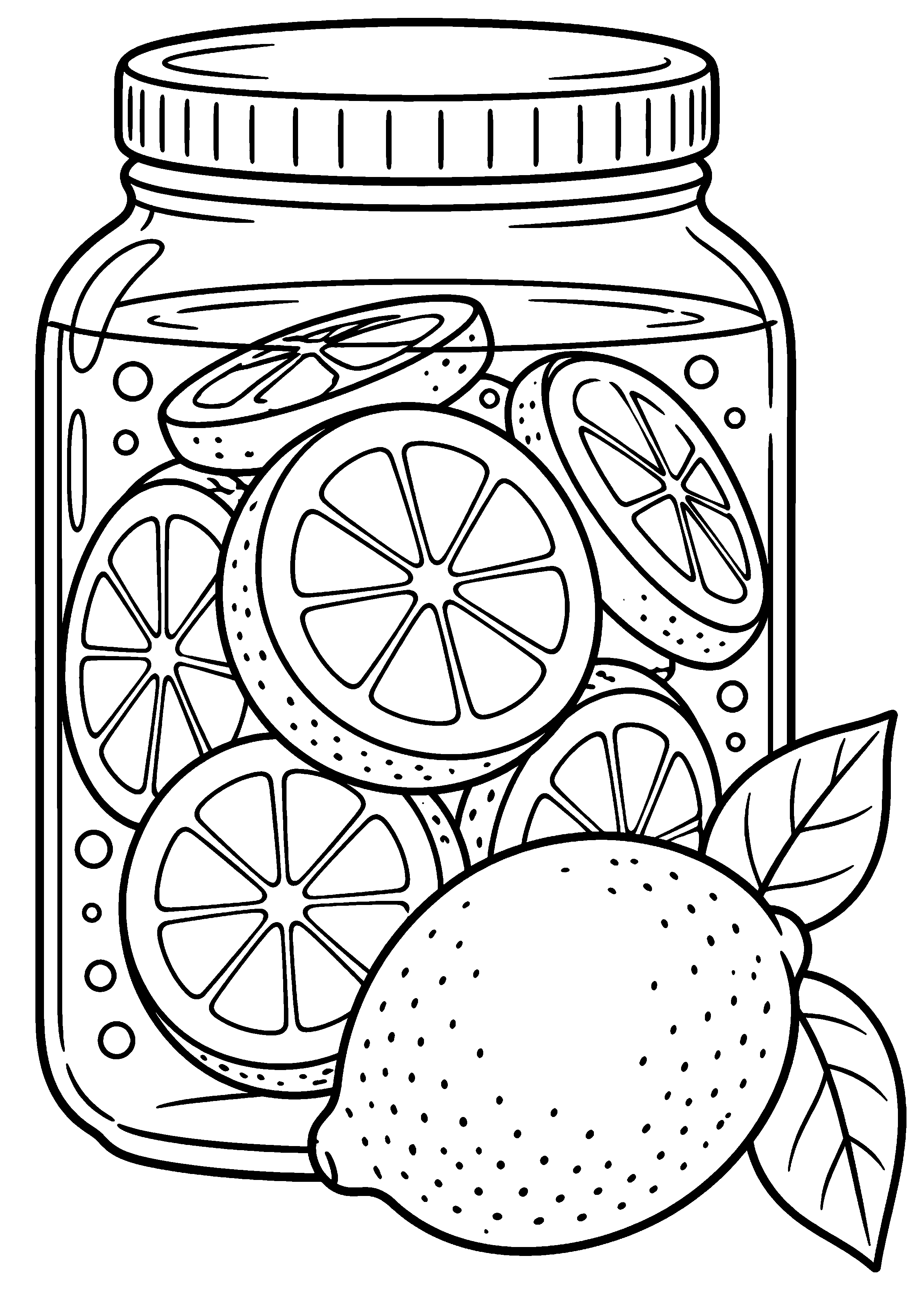 Grand coloriage d’un citron avec un bocal rempli de rondelles, contours noirs nets sur fond blanc