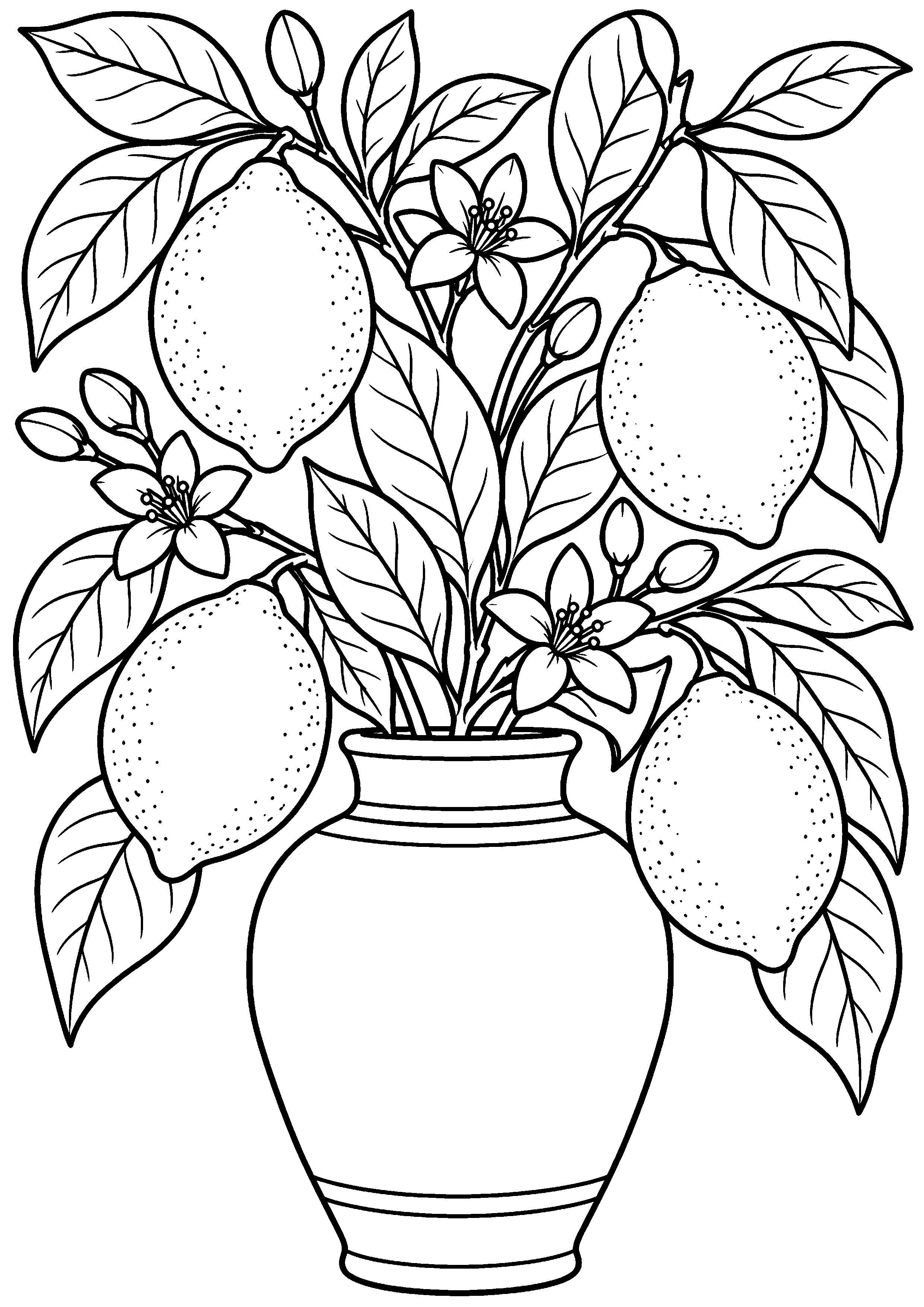 Grand coloriage d’un citron sur des branches présentées dans un vase, contours noirs nets sur fond blanc