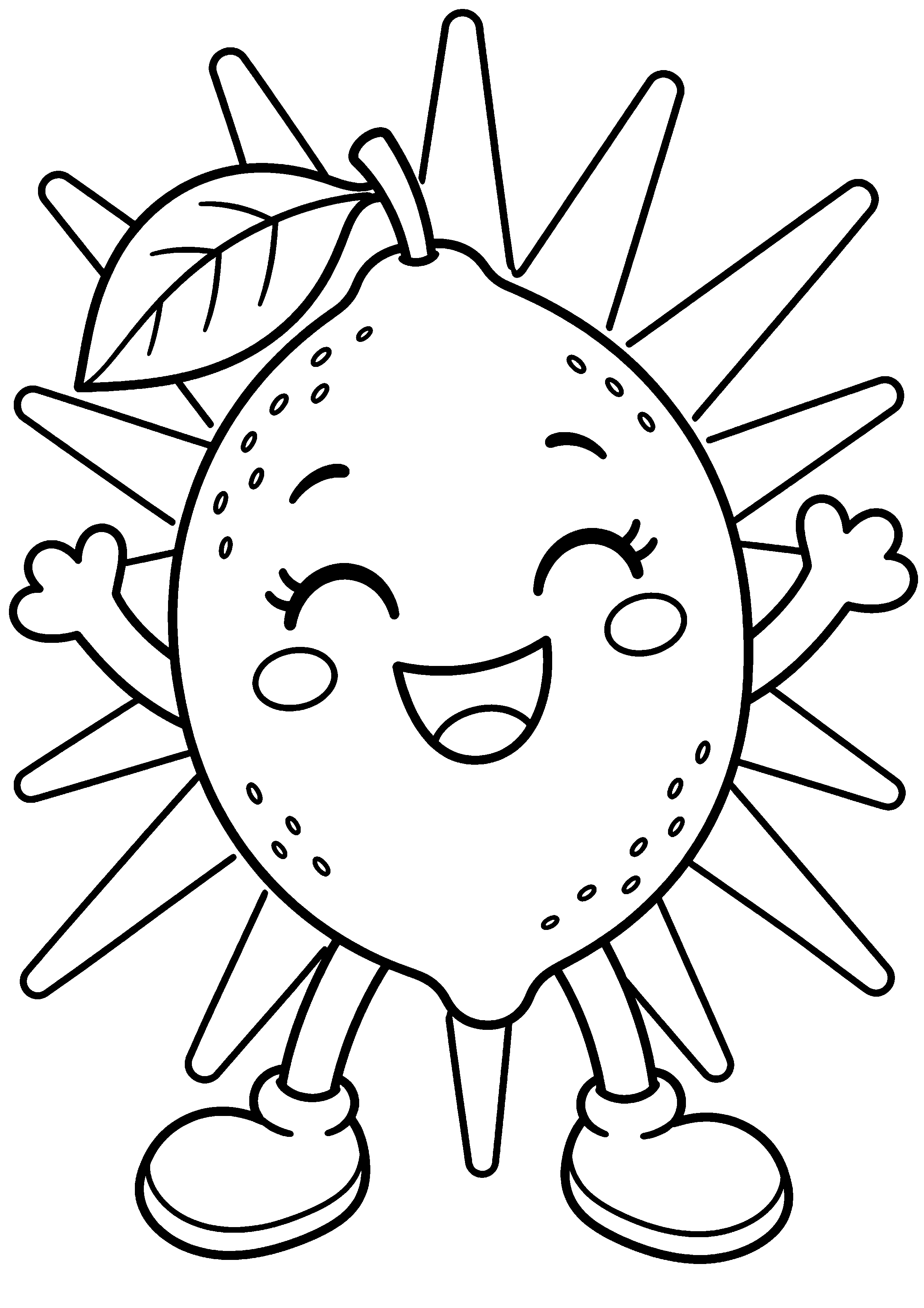 Grand coloriage d’un citron kawaii rayonnant comme un soleil, contours noirs nets sur fond blanc