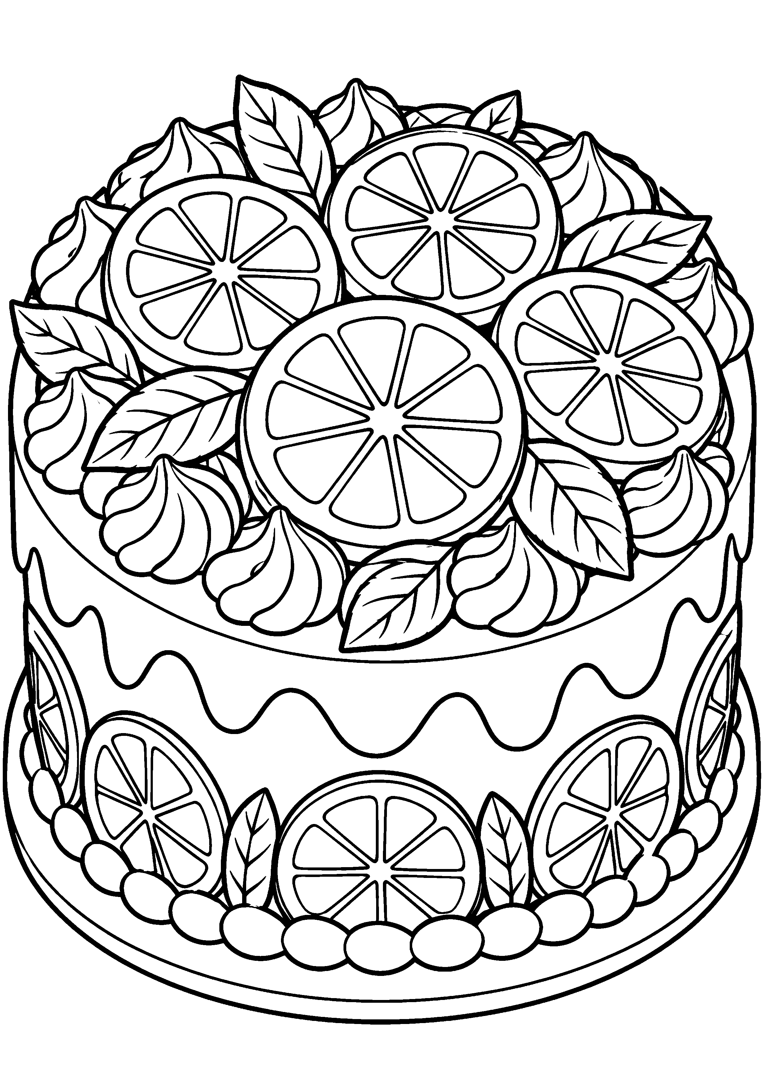 Grand coloriage d’un citron sur un grand gâteau décoré de rondelles, contours noirs nets sur fond blanc