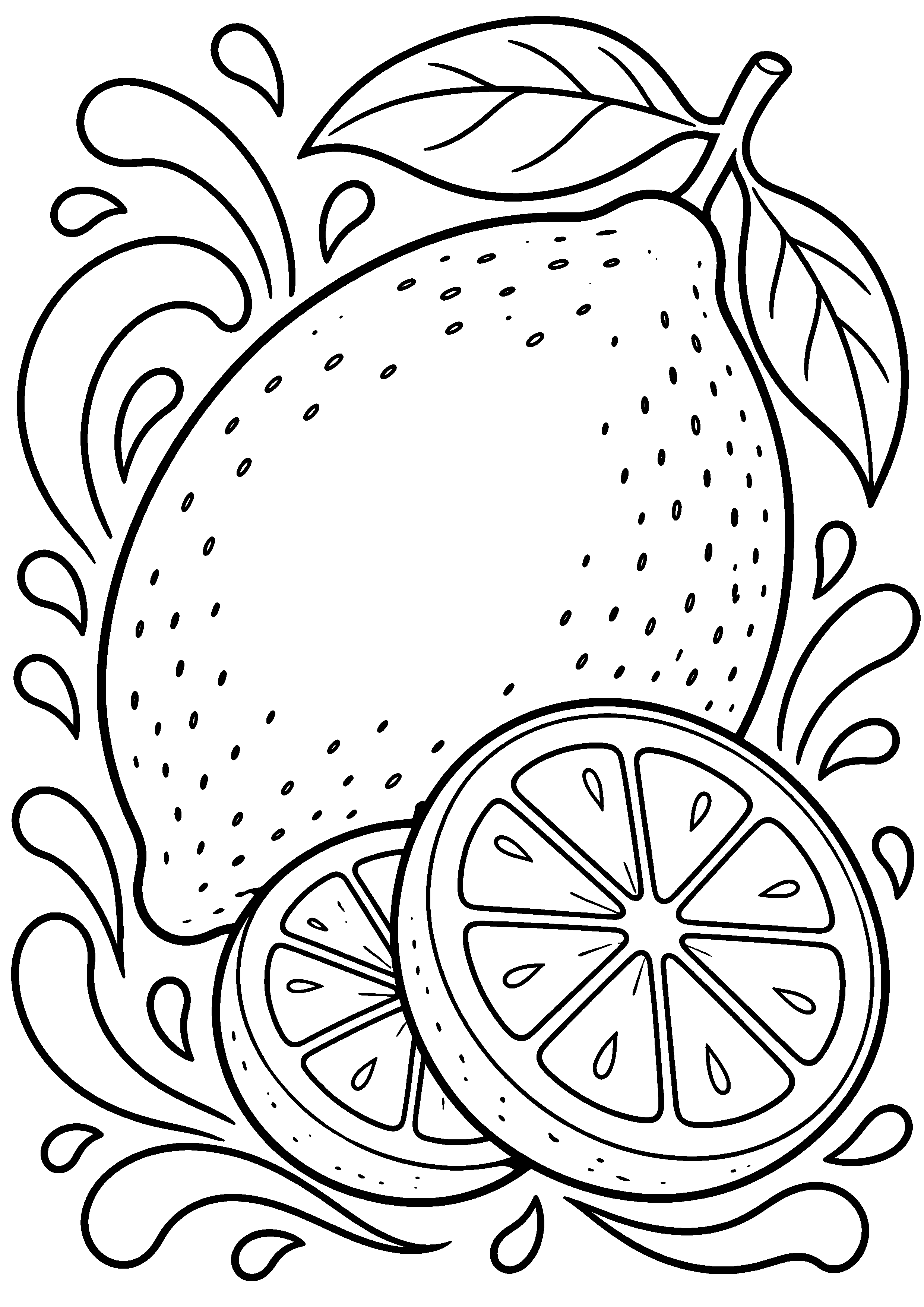 Grand coloriage d’un citron avec une tranche et des vagues de fraîcheur, contours noirs nets sur fond blanc