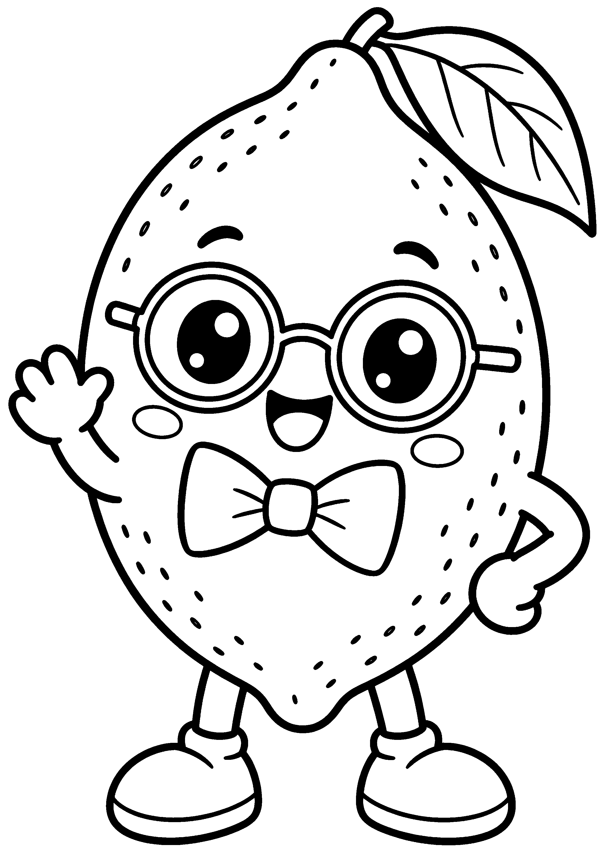 Grand coloriage d’un citron kawaii avec des lunettes et un nœud papillon, contours noirs nets sur fond blanc