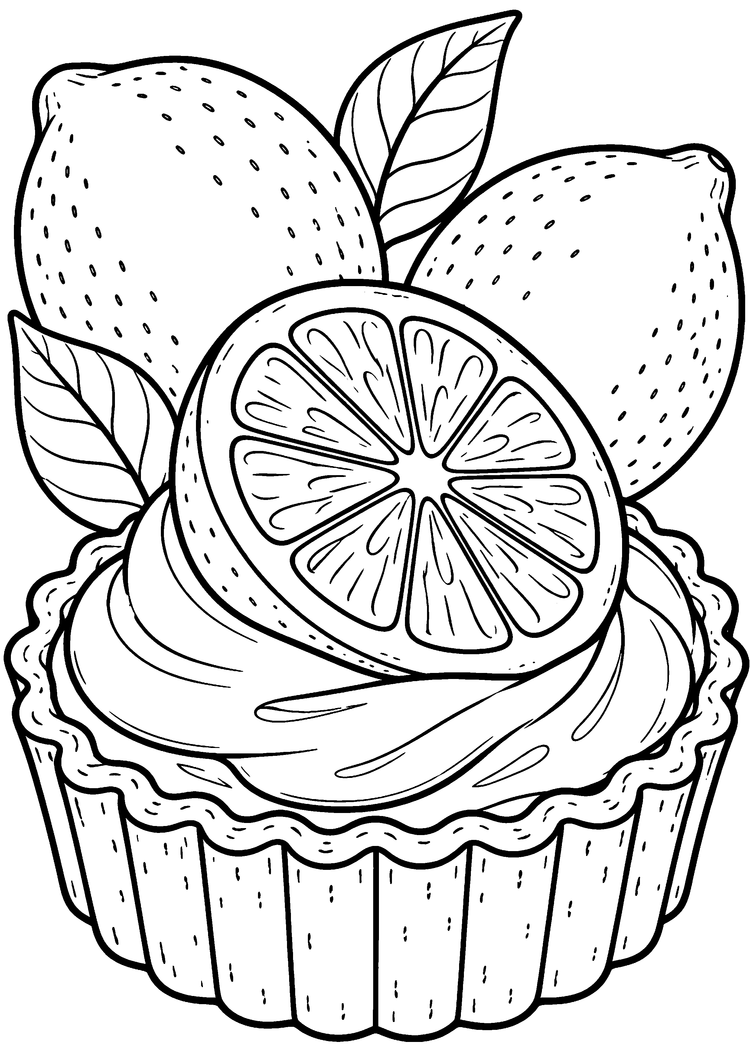 Grand coloriage d’un citron avec une tartelette garnie d’une rondelle, contours noirs nets sur fond blanc