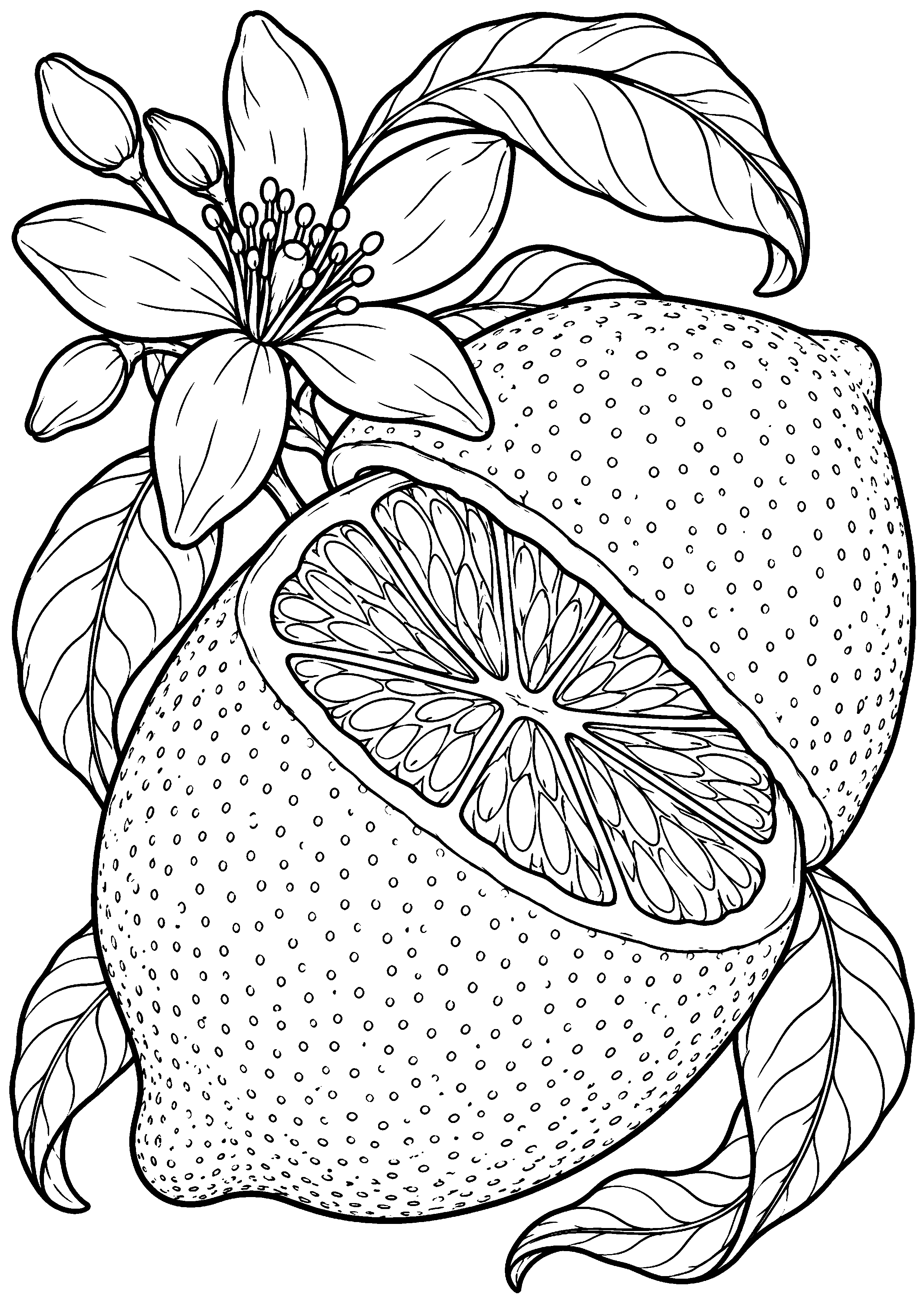 Grand coloriage d’un citron entrouvert dans une composition botanique, contours noirs nets sur fond blanc