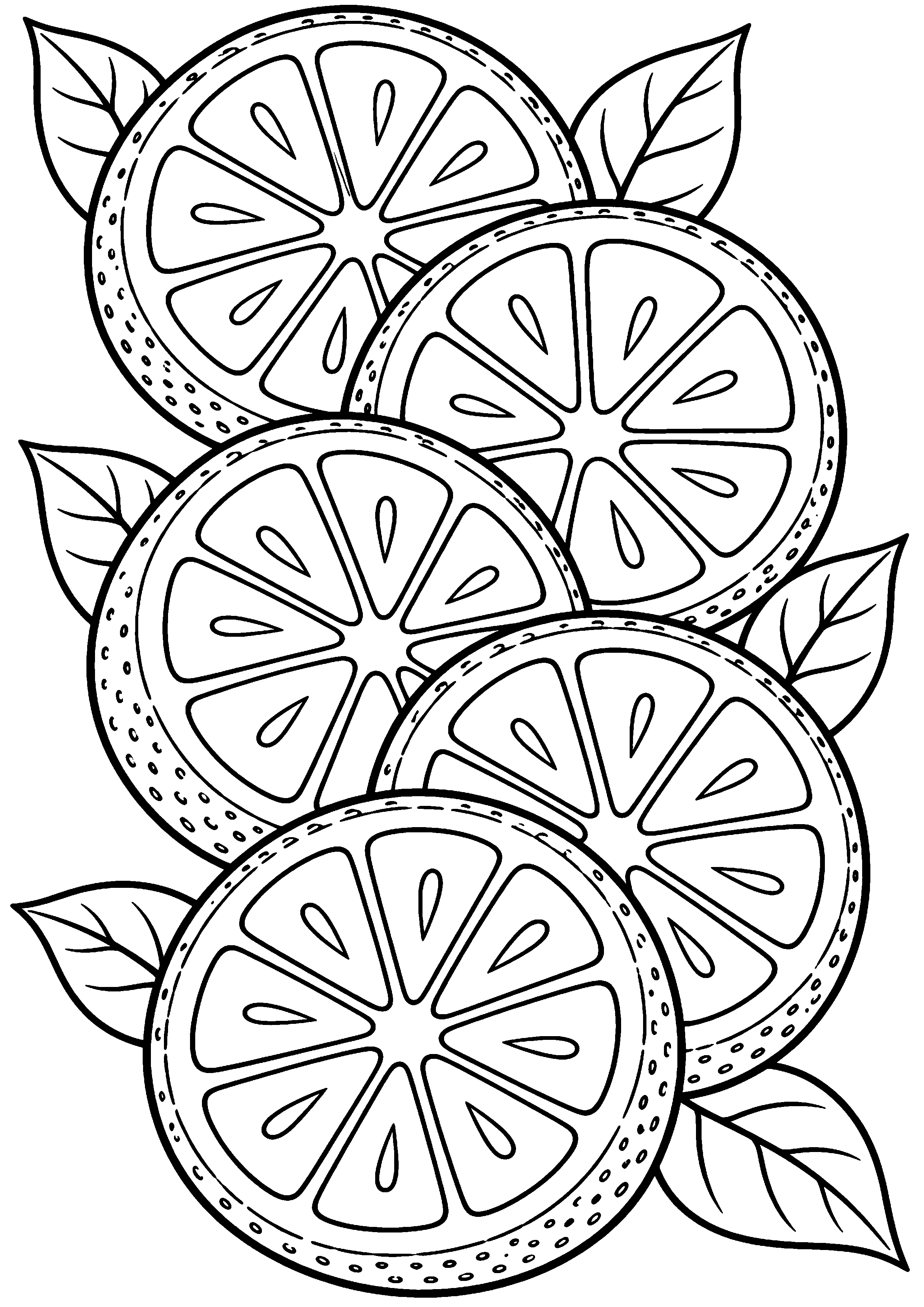 Grand coloriage d’un citron avec une cascade verticale de rondelles, contours noirs nets sur fond blanc