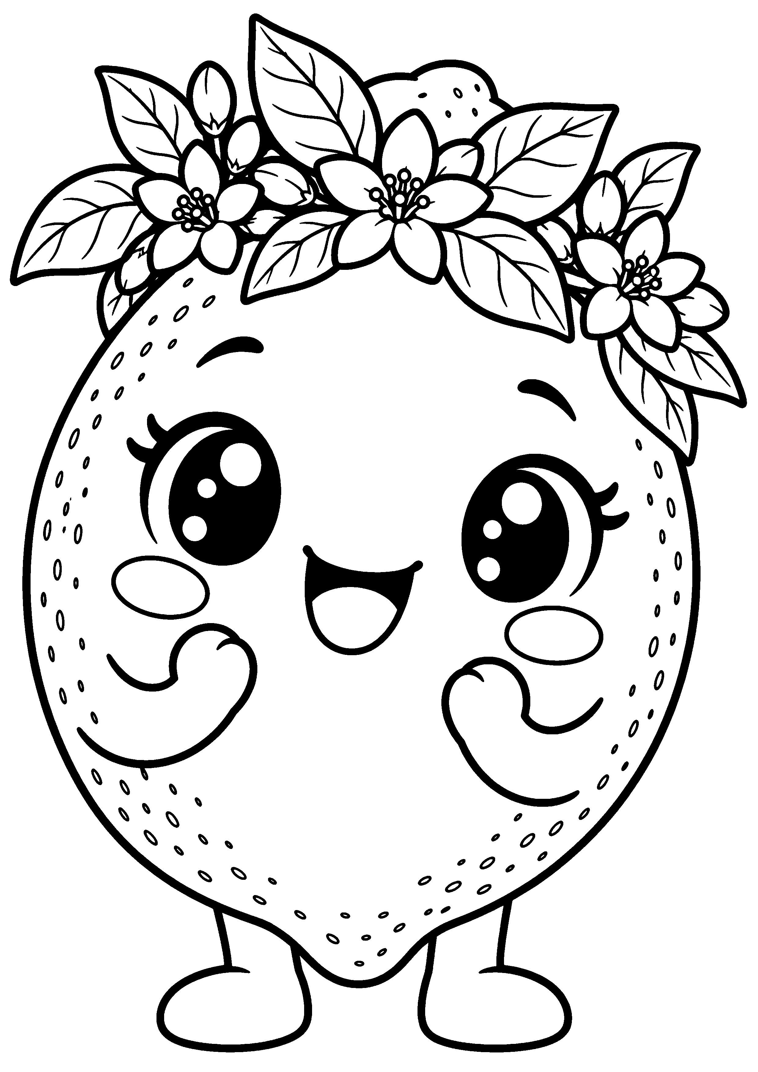 Grand coloriage d’un citron kawaii portant une couronne de fleurs, contours noirs nets sur fond blanc