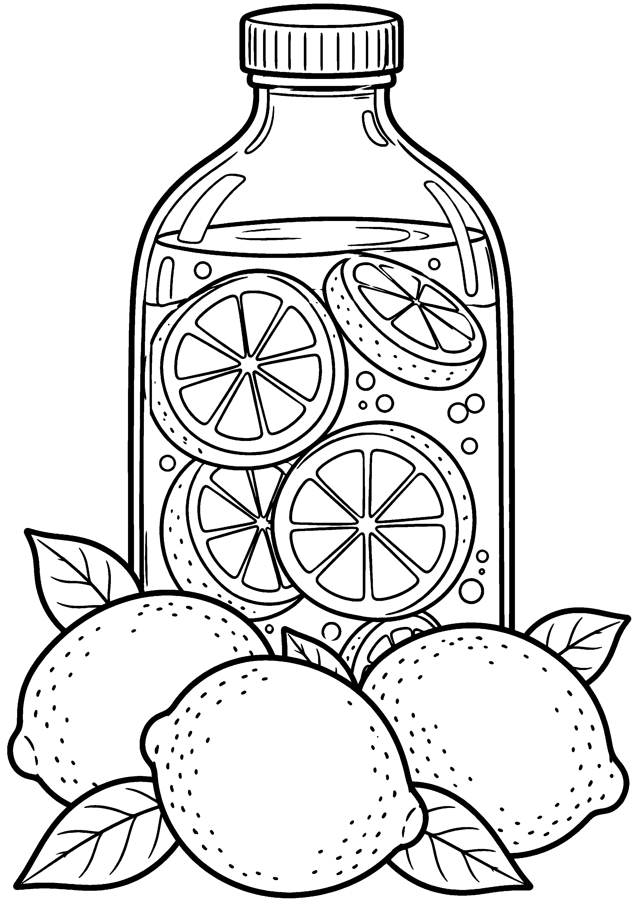 Grand coloriage d’un citron avec une bouteille décorée de rondelles, contours noirs nets sur fond blanc