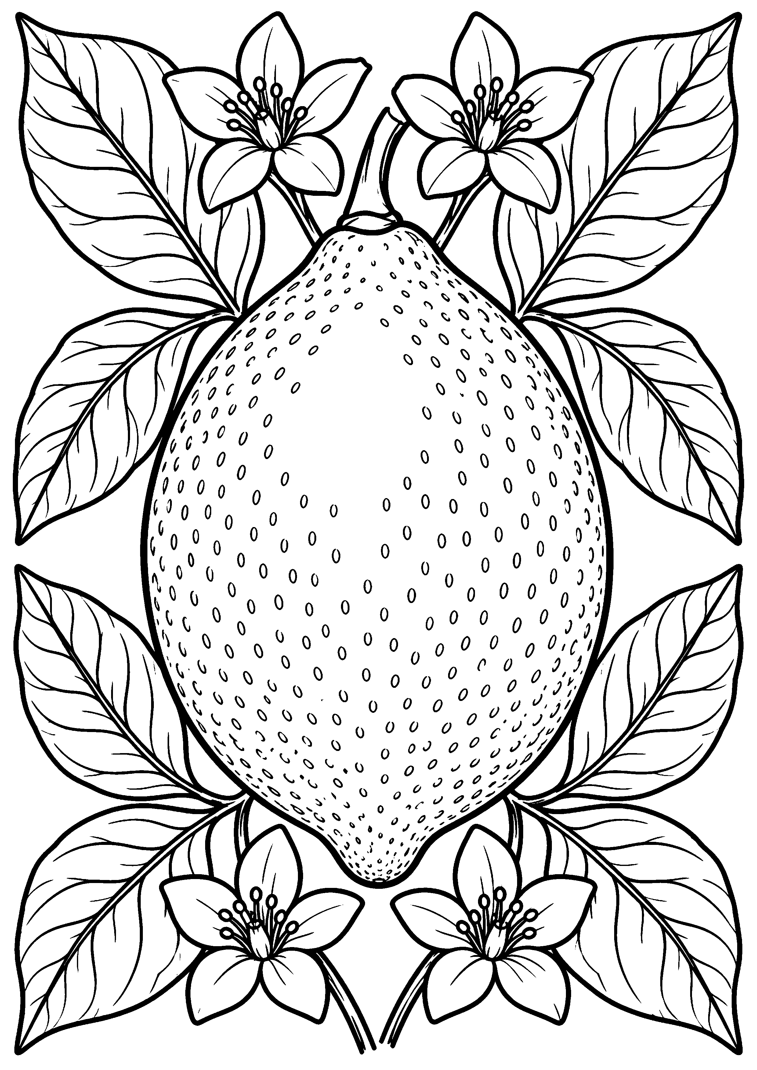 Grand coloriage d’un citron dans un arrangement botanique symétrique, contours noirs nets sur fond blanc