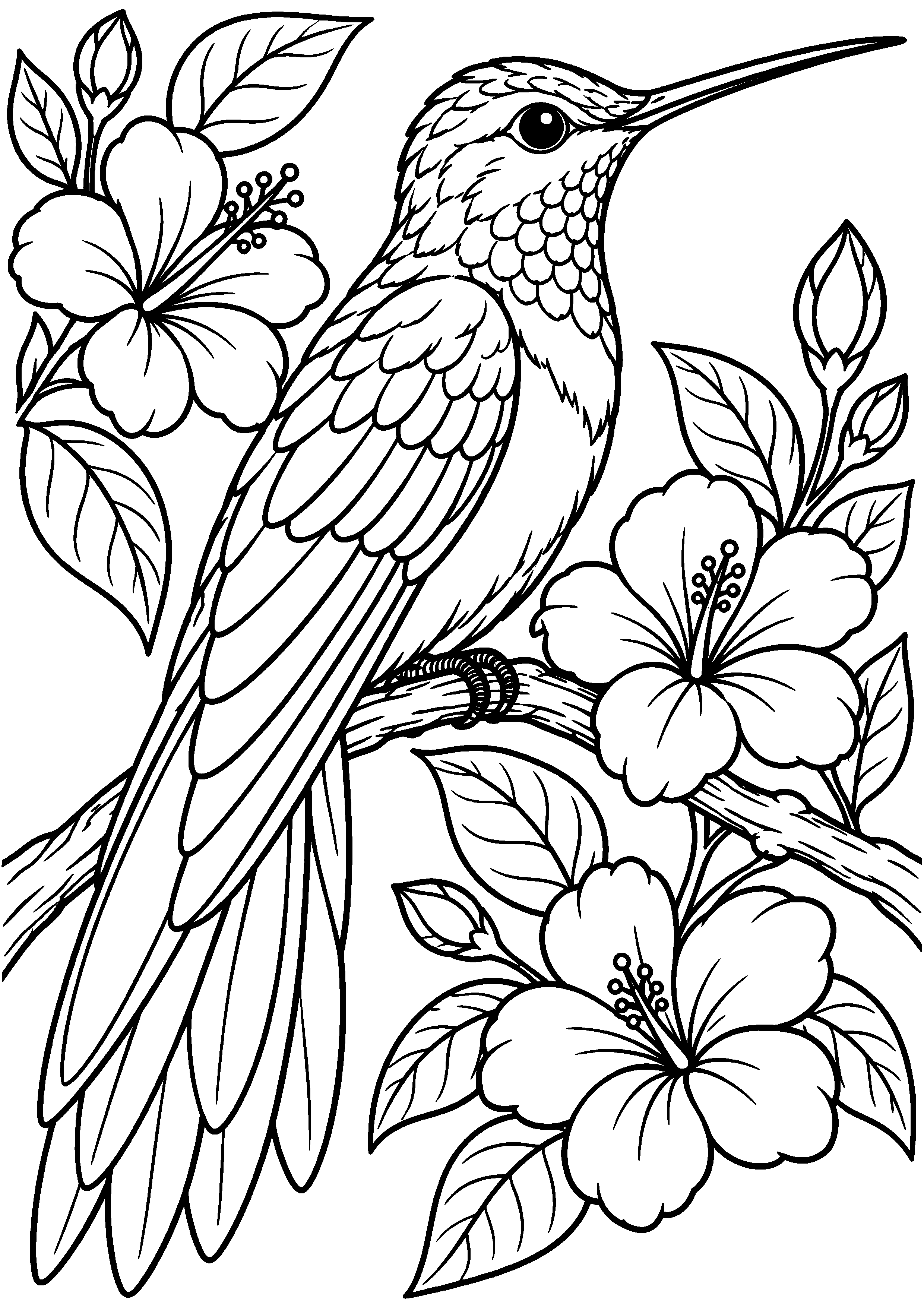 Grand coloriage d’un colibri posé sur une branche fleurie, contours noirs nets sur fond blanc