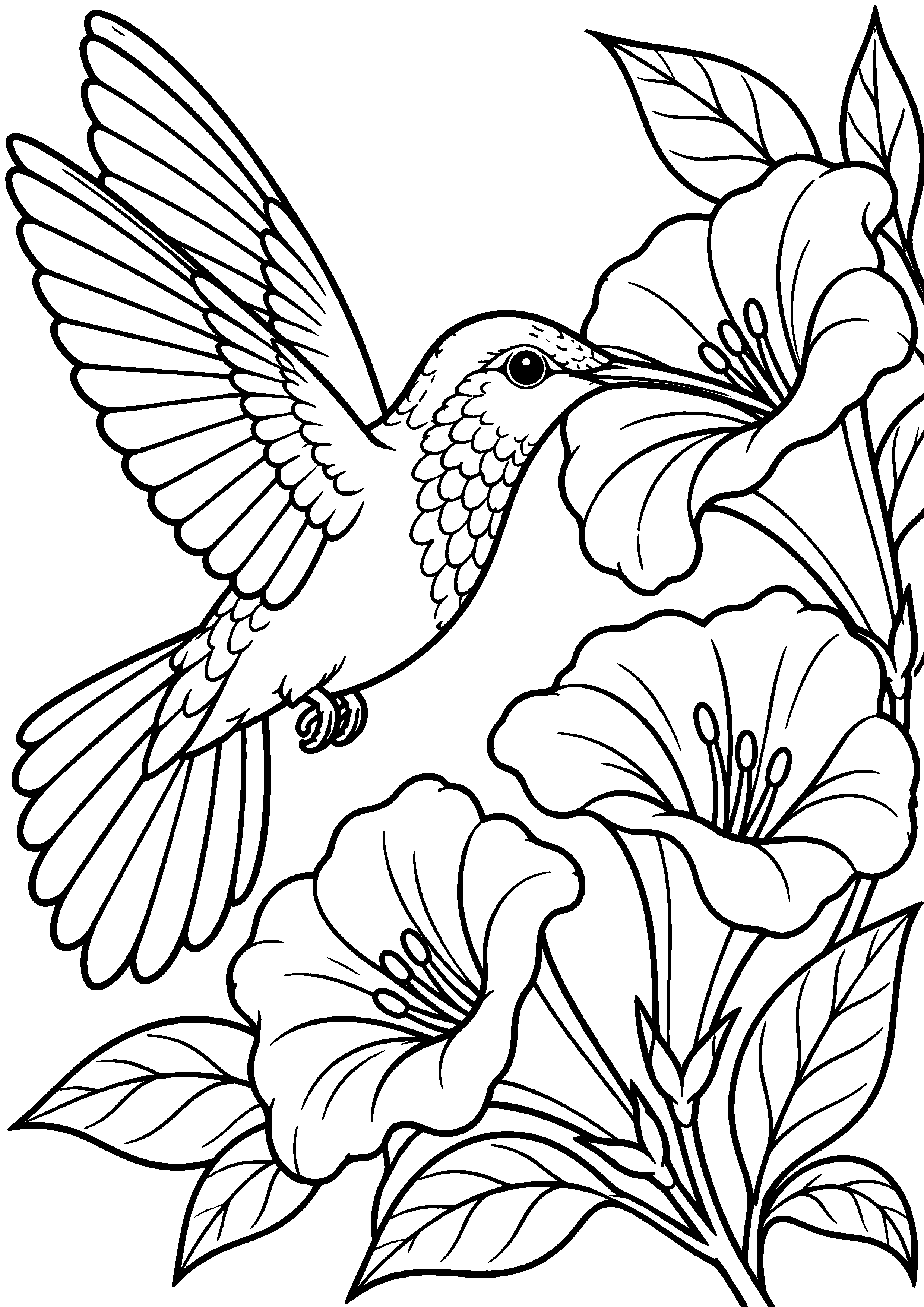 Grand coloriage d’un colibri devant de grandes fleurs en trompette, contours noirs nets sur fond blanc