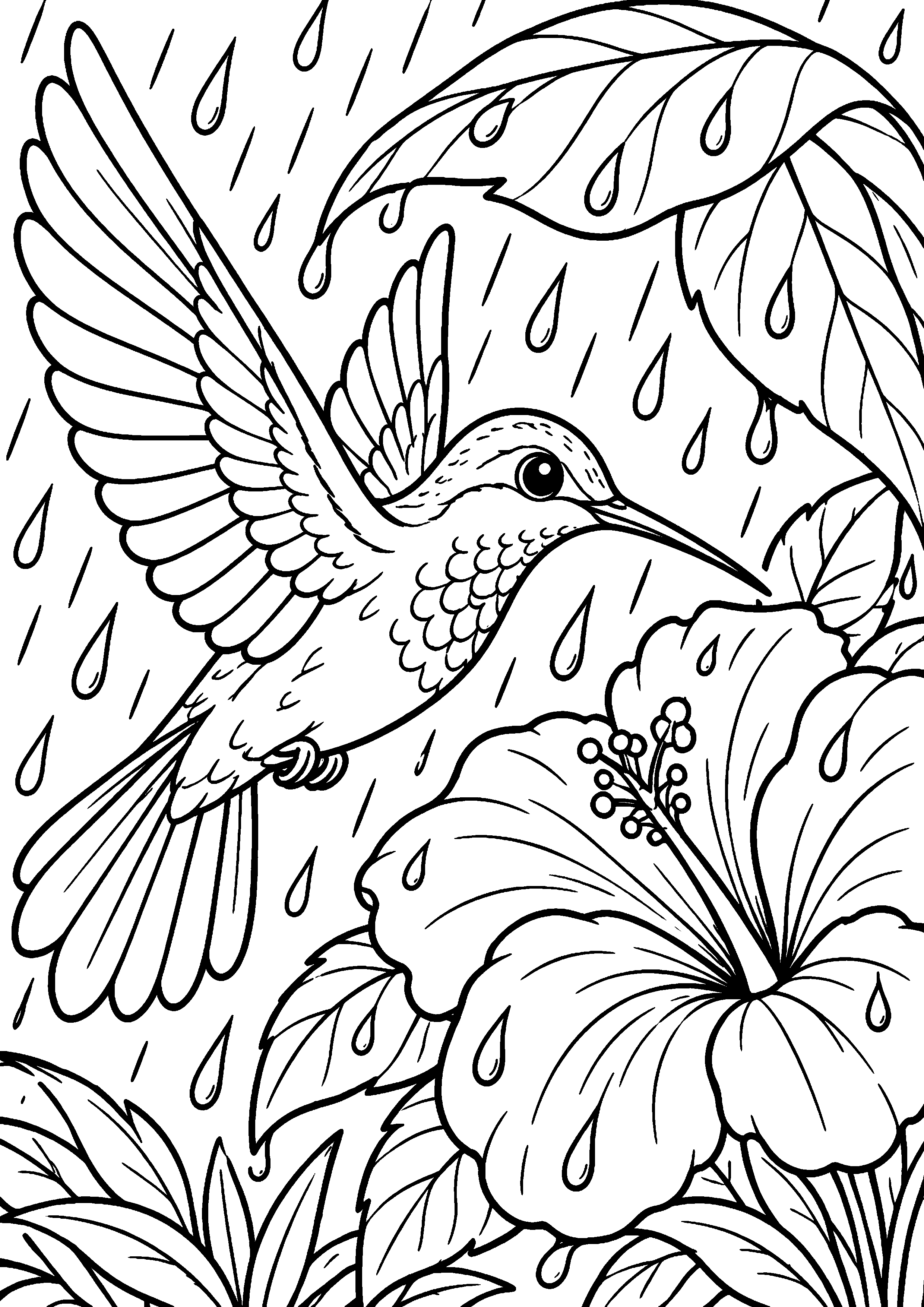 Grand coloriage d’un colibri sous la pluie près d’une fleur, contours noirs nets sur fond blanc