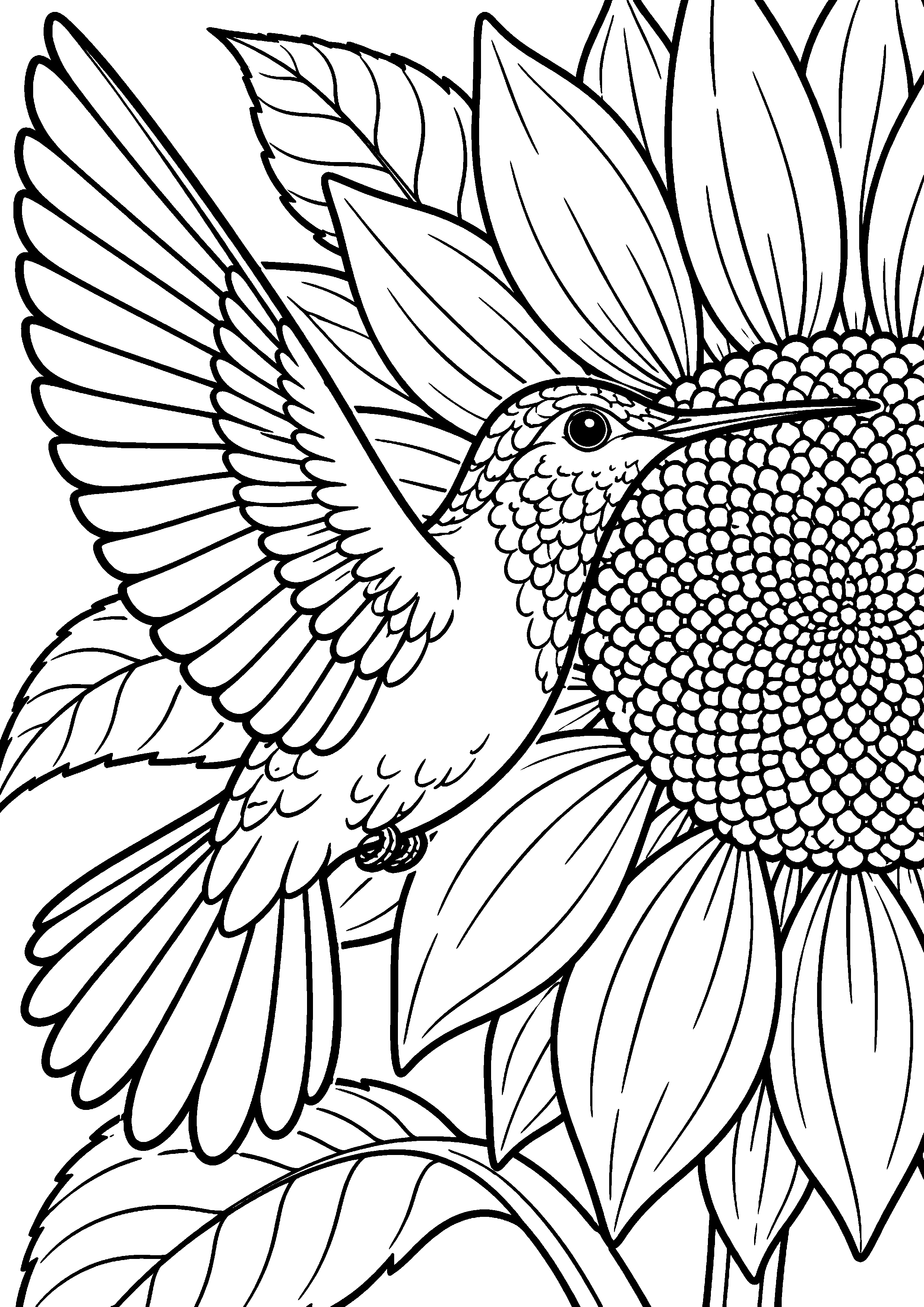 Grand coloriage d’un colibri près d’un grand tournesol, contours noirs nets sur fond blanc