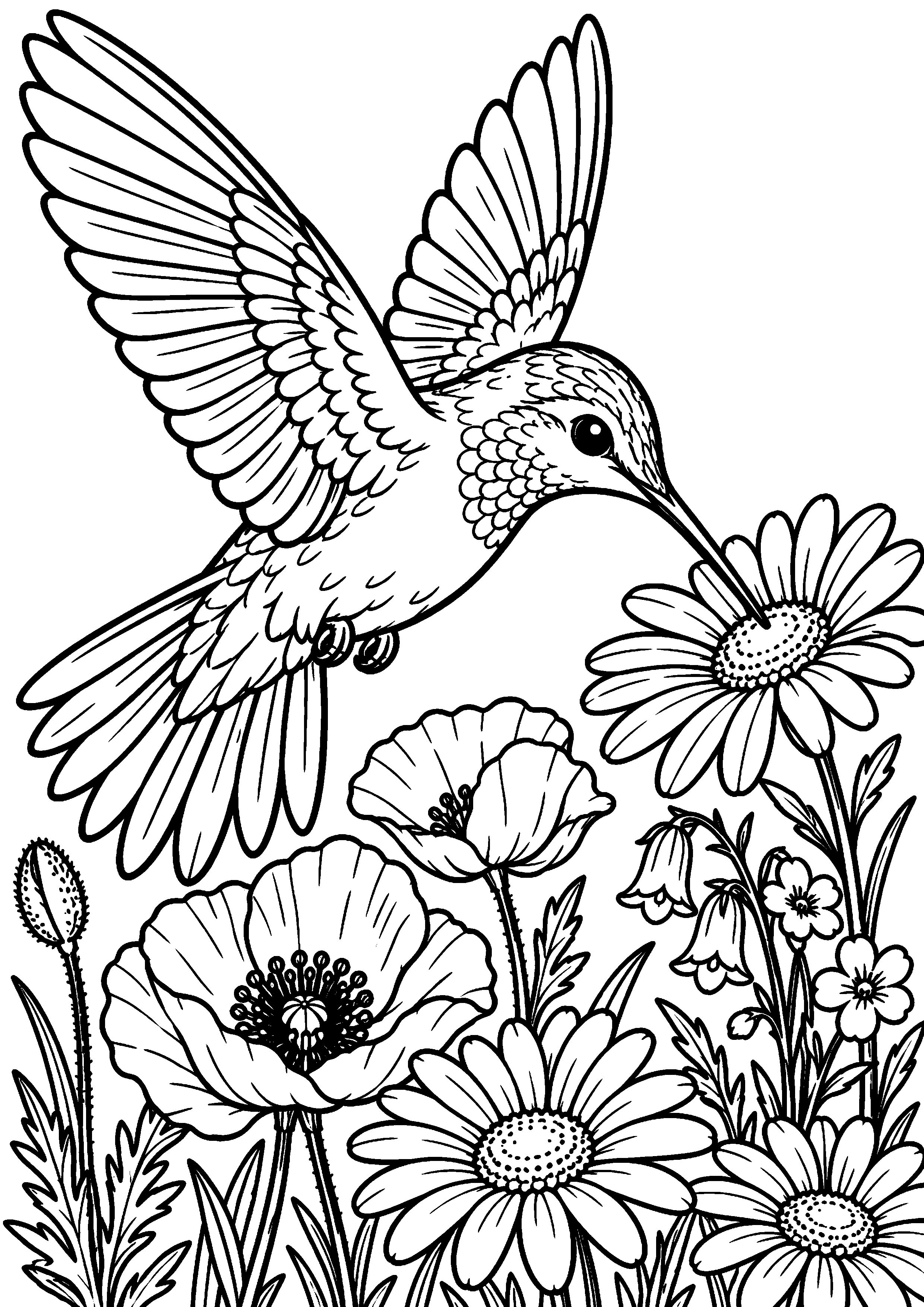 Grand coloriage d’un colibri au milieu de fleurs sauvages, contours noirs nets sur fond blanc