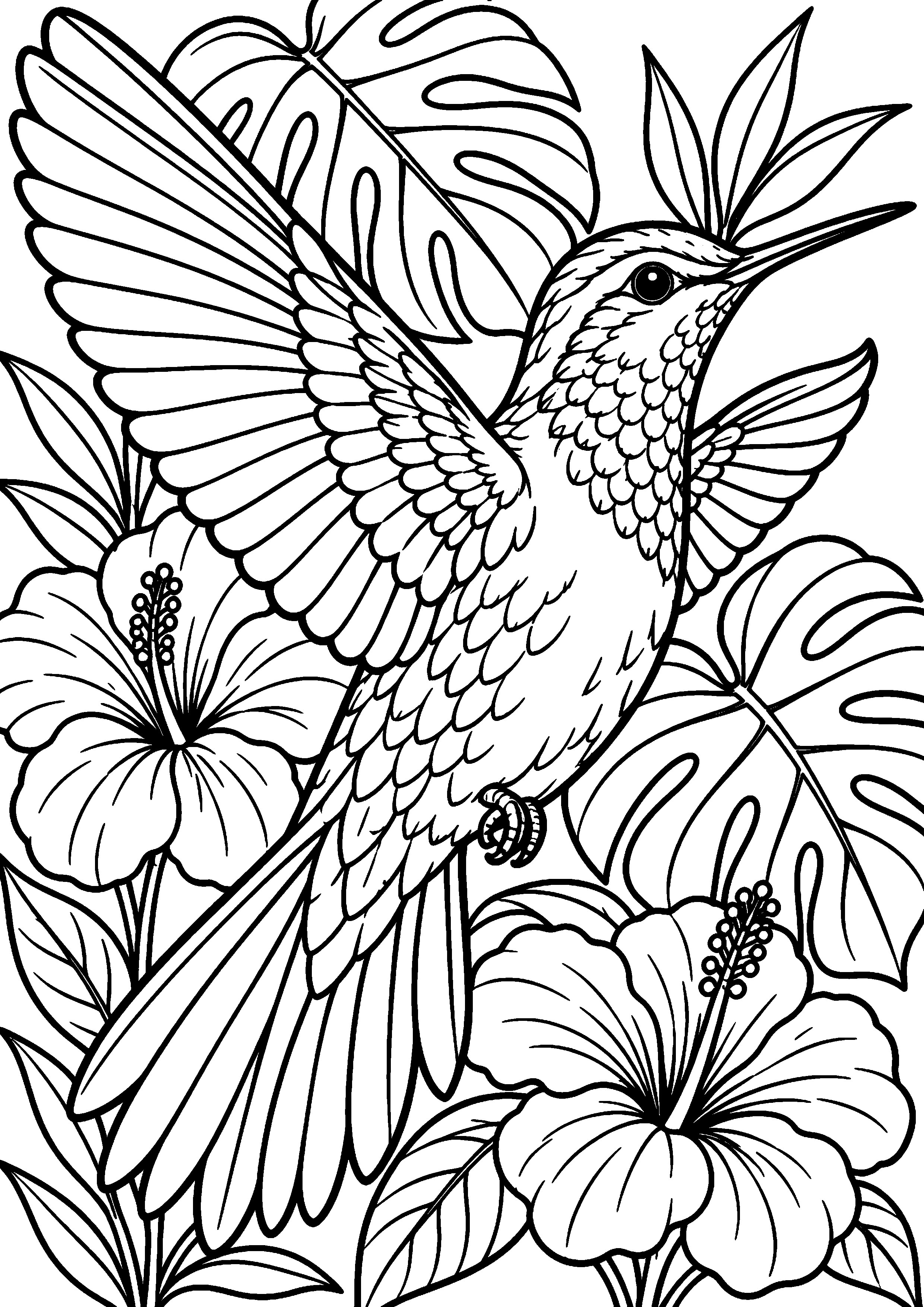 Grand coloriage d’un colibri dans un feuillage tropical, contours noirs nets sur fond blanc