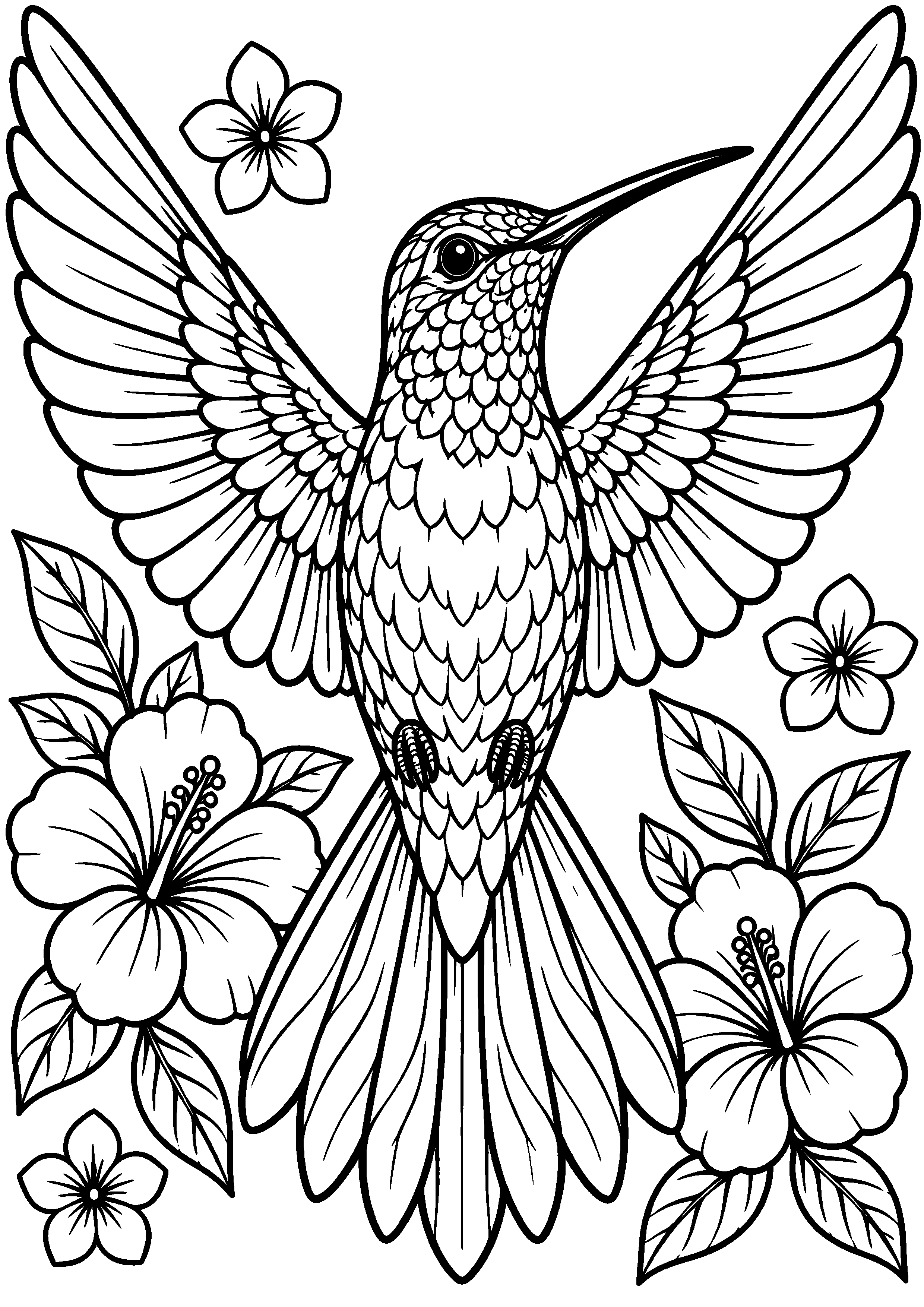 Grand coloriage d’un colibri en vol frontal les ailes ouvertes, contours noirs nets sur fond blanc