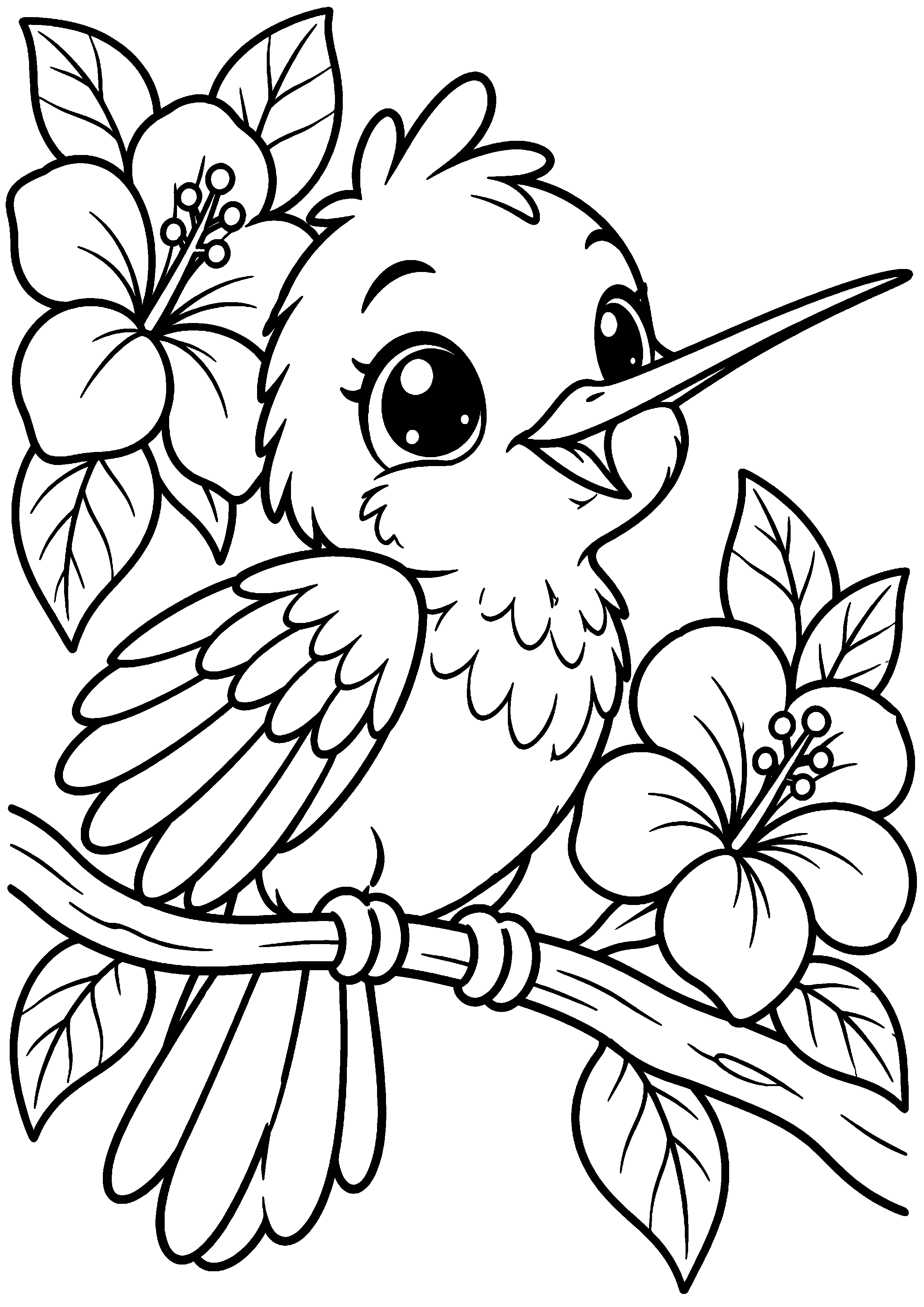 Grand coloriage d’un colibri bébé posé sur une branche, contours noirs nets sur fond blanc
