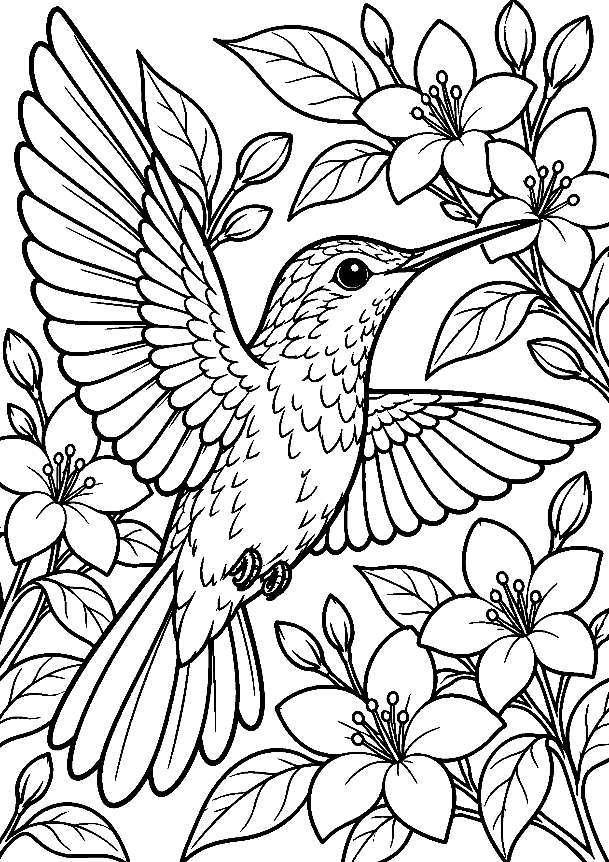 Grand coloriage d’un colibri près de fleurs de jasmin, contours noirs nets sur fond blanc