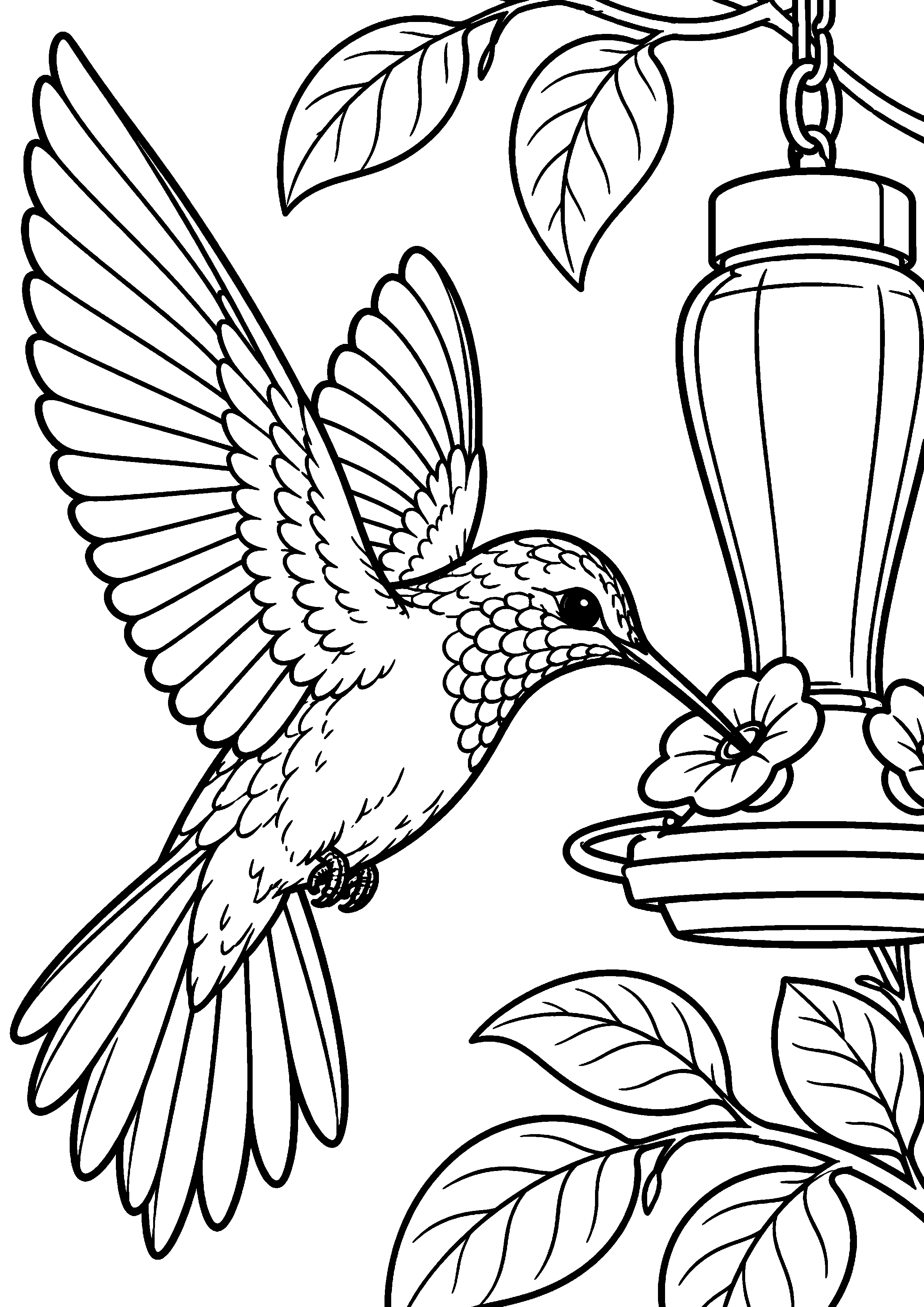 Grand coloriage d’un colibri buvant dans un abreuvoir pour oiseaux, contours noirs nets sur fond blanc